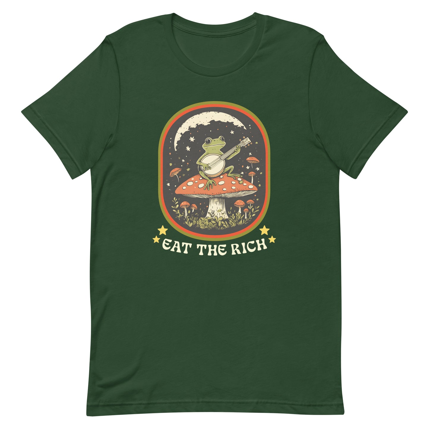 Front view of Eat The Rich Anti-Capitalism Unisex T-Shirt with retro frog design.