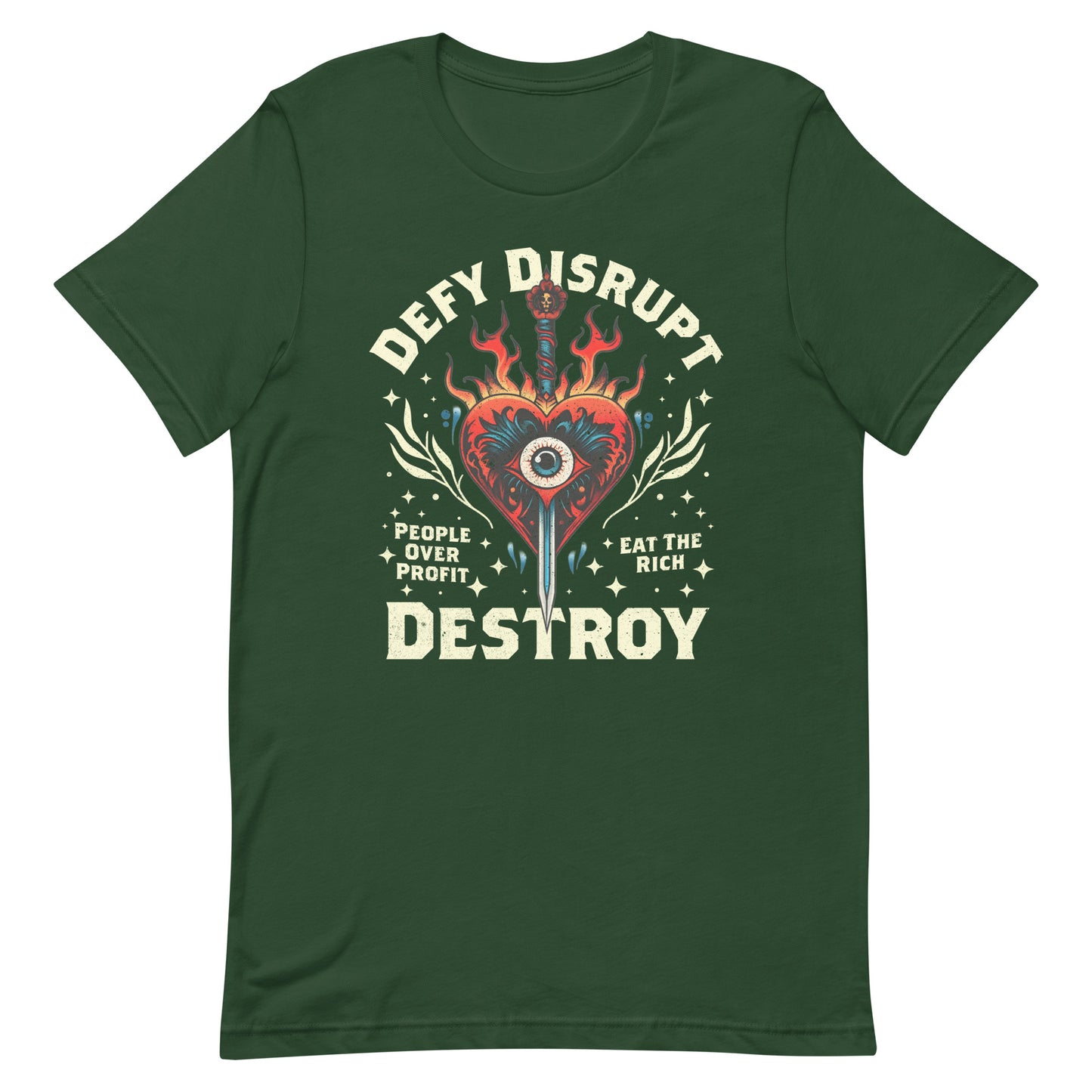 Front View Image: Eat The Rich Anti-Capitalism T-shirt with tattoo-inspired evil heart design, fire, and dagger on a plain background