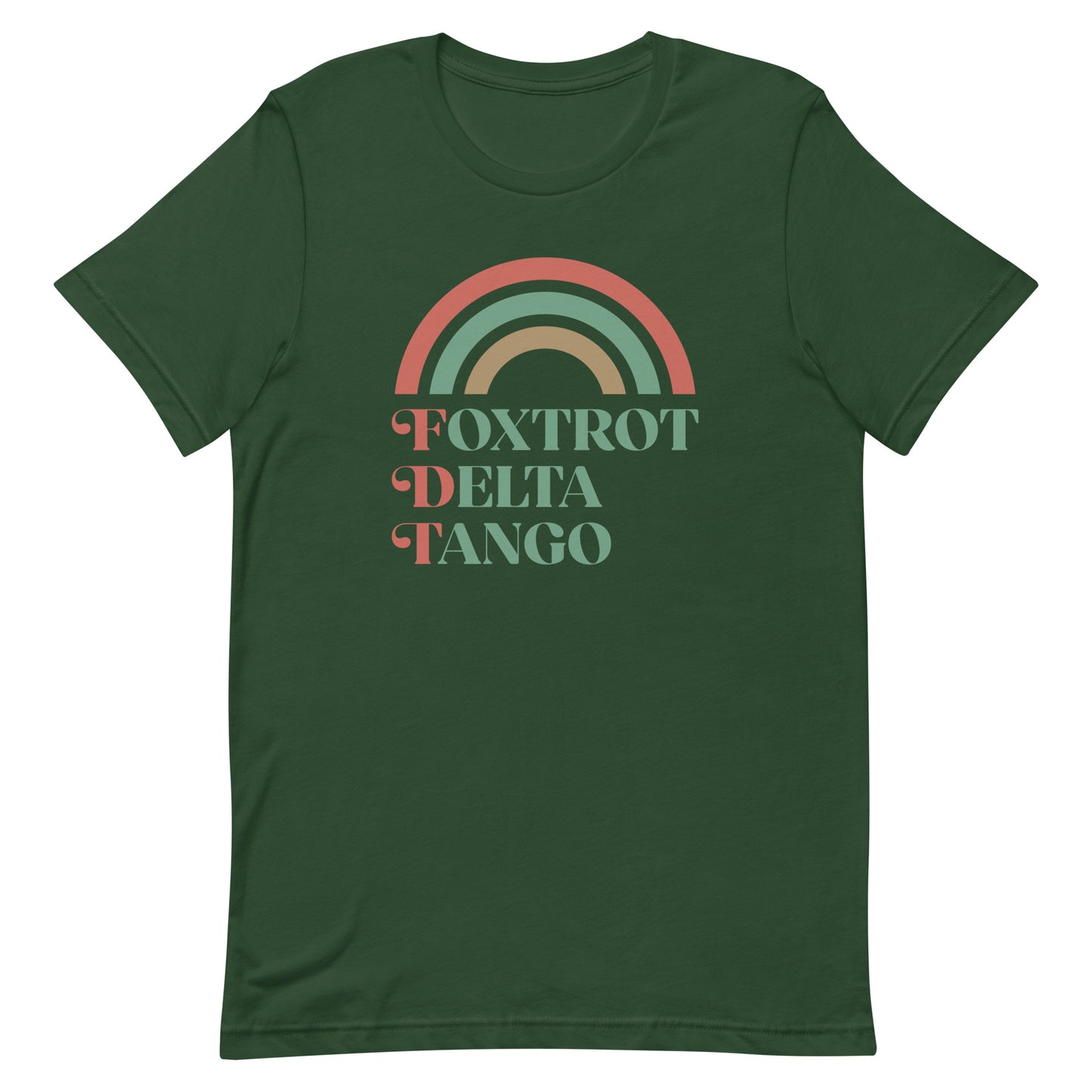 Front view of the Foxtrot Delta Tango Anti-Trump Christmas T-Shirt featuring a festive rainbow design.
