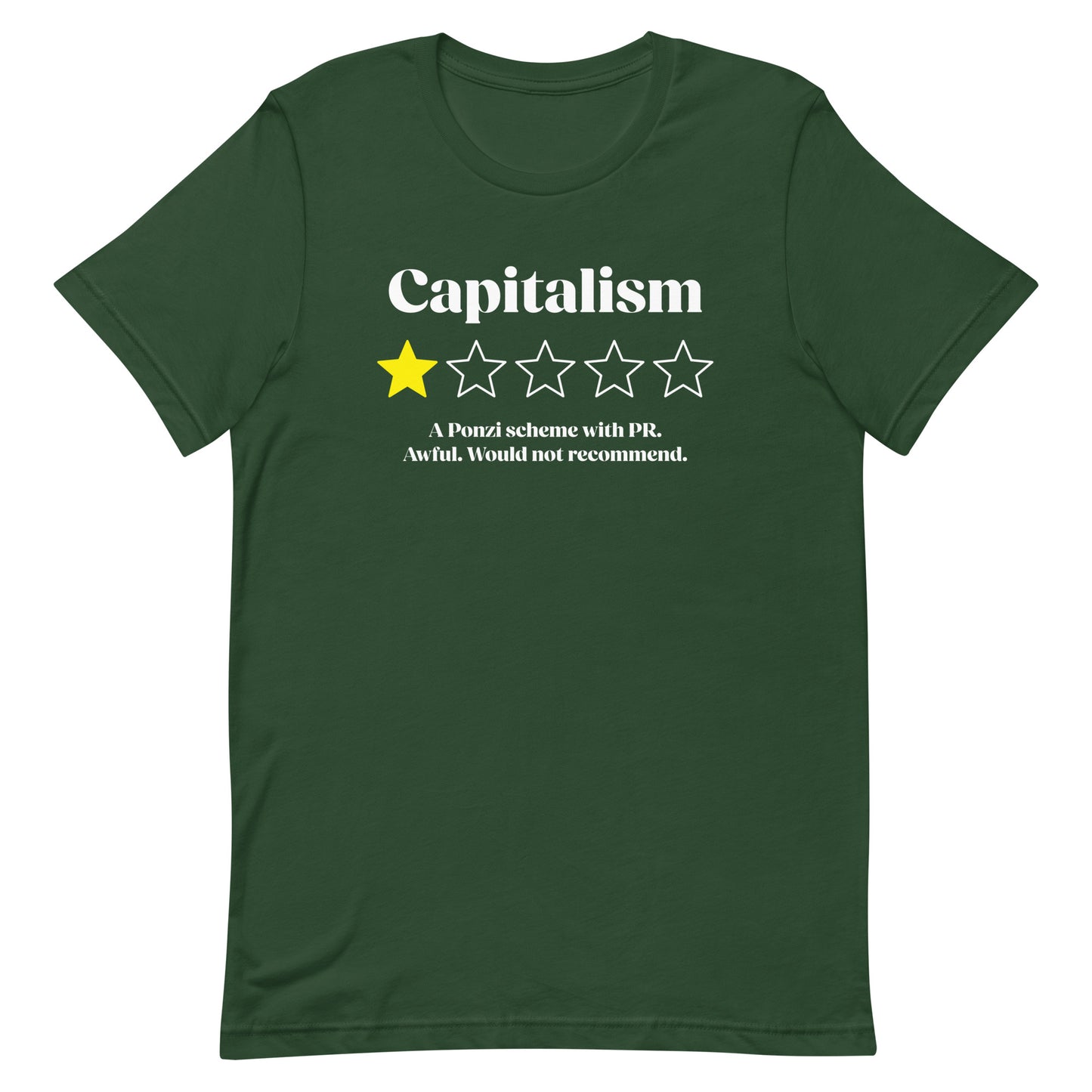 Front view of Capitalism Awful I Would Not Recommend Unisex T-Shirt with one-star design.
