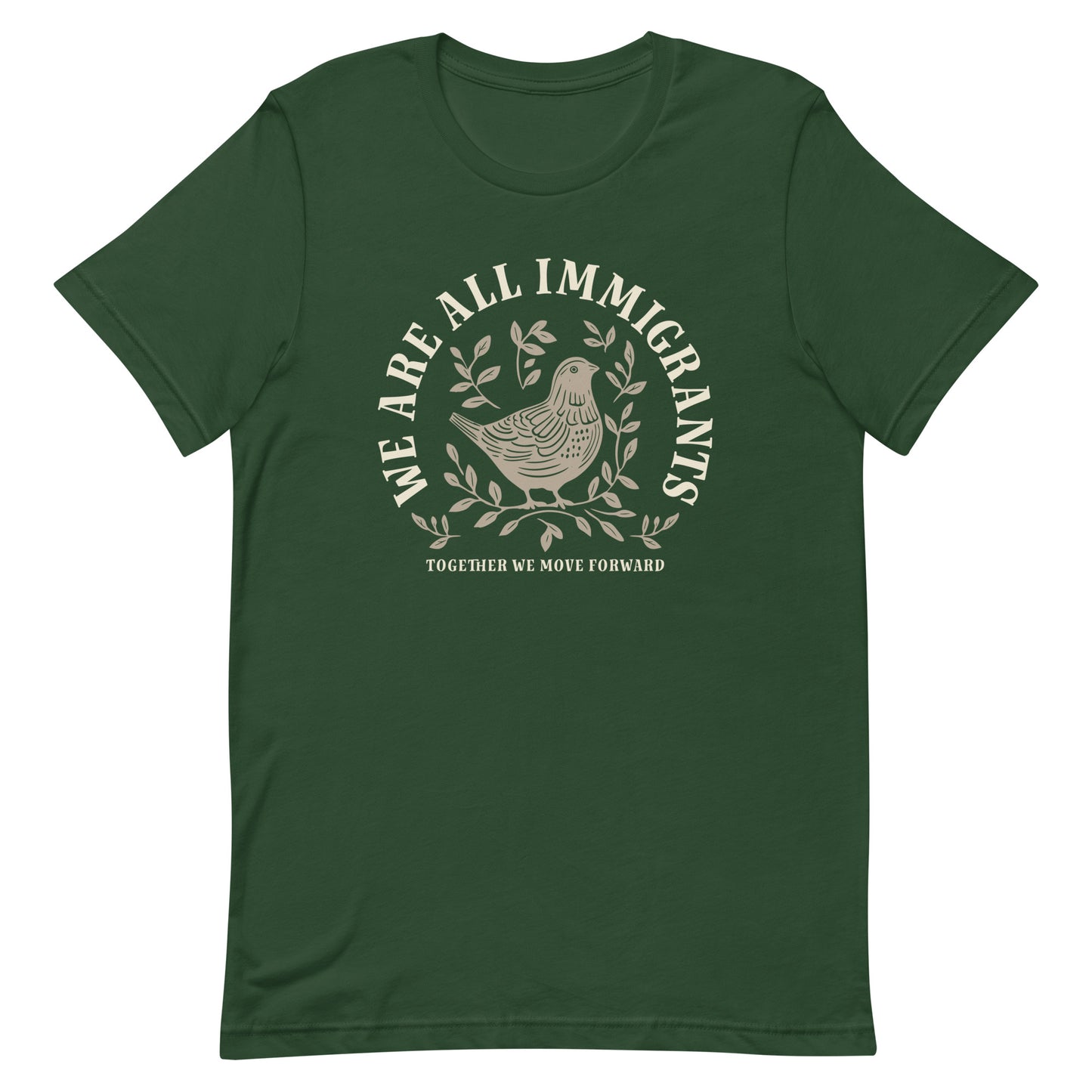 We Are All Immigrants Unisex T-Shirt with linocut dove and leaves design, front view.