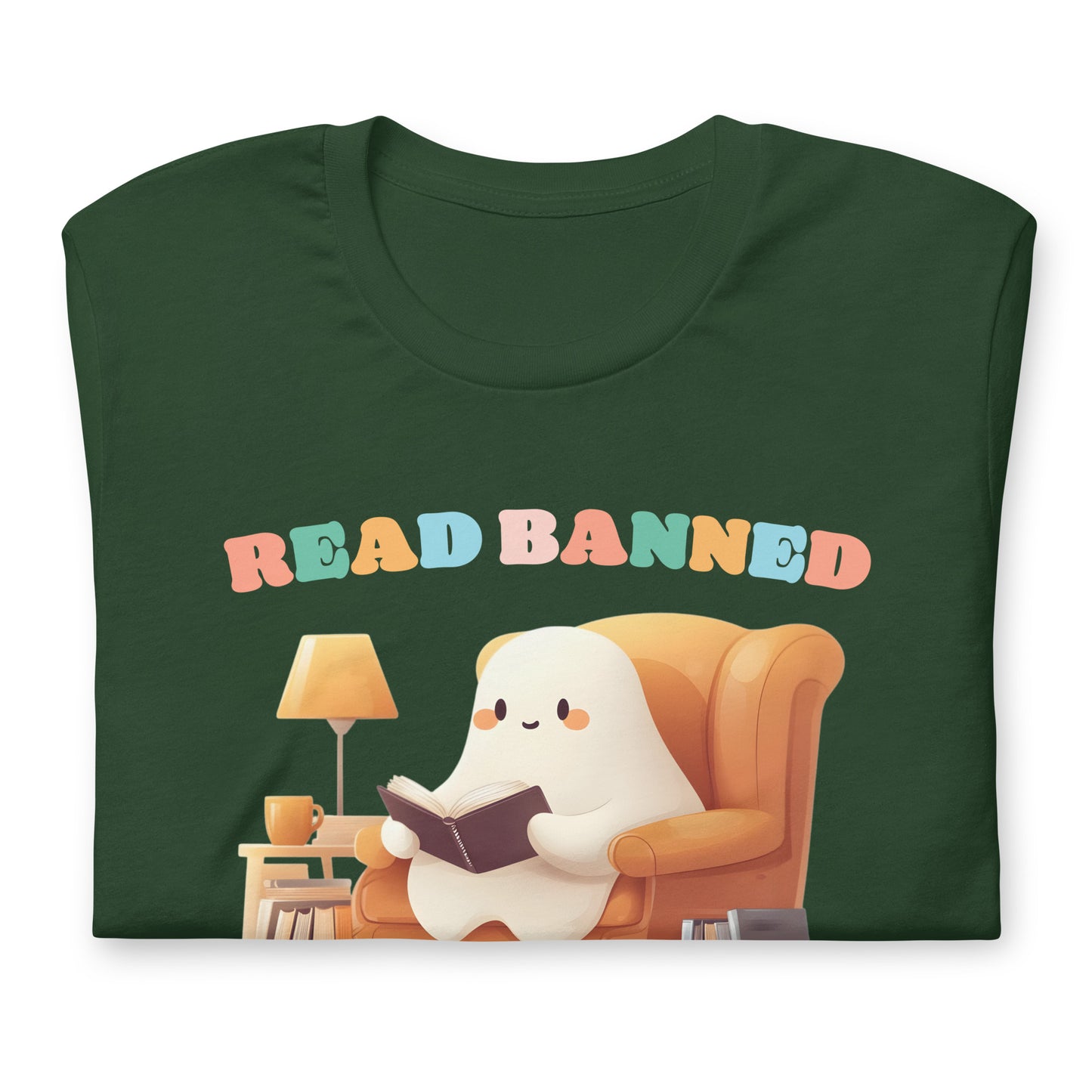 close up view of the "Read Banned Boooooks" Bookish Halloween T-Shirt featuring a cute ghost reading books.
