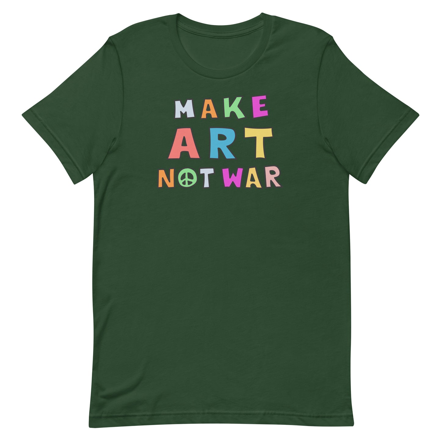 Front View Image: Make Art Not War unisex t-shirt displayed front-on, showcasing the anti-war graphic