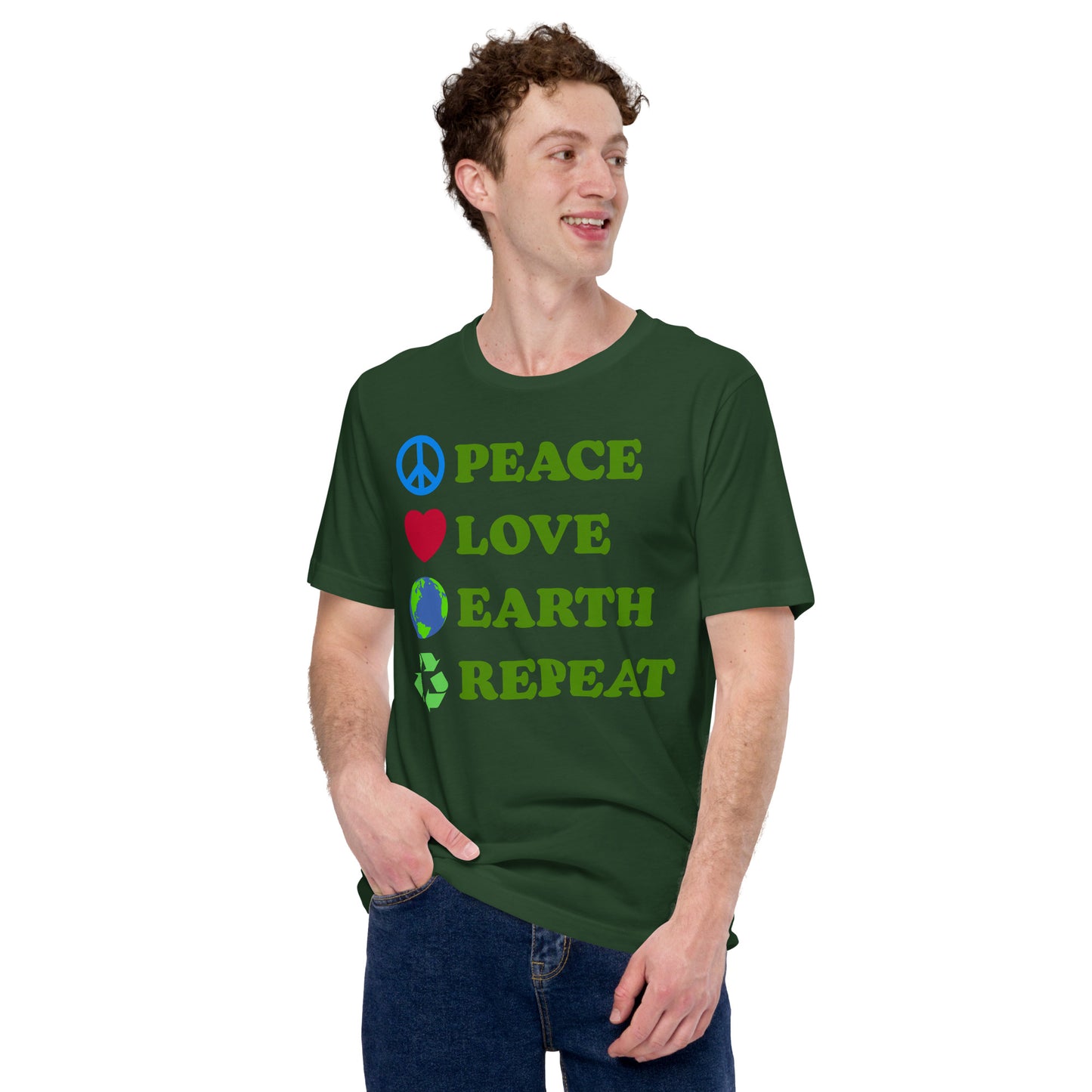 Lifestyle Image: Young activist wearing the Peace Love Earth Repeat t-shirt