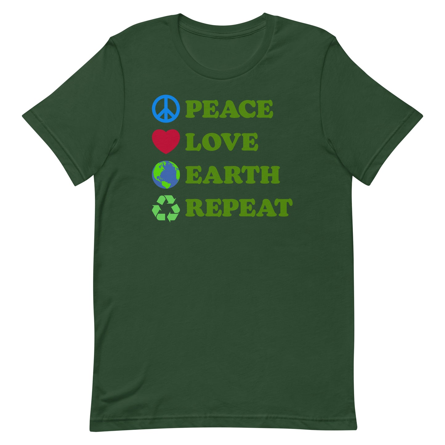 Front View Image: Peace Love Earth Repeat t-shirt displayed flat with full front graphic
