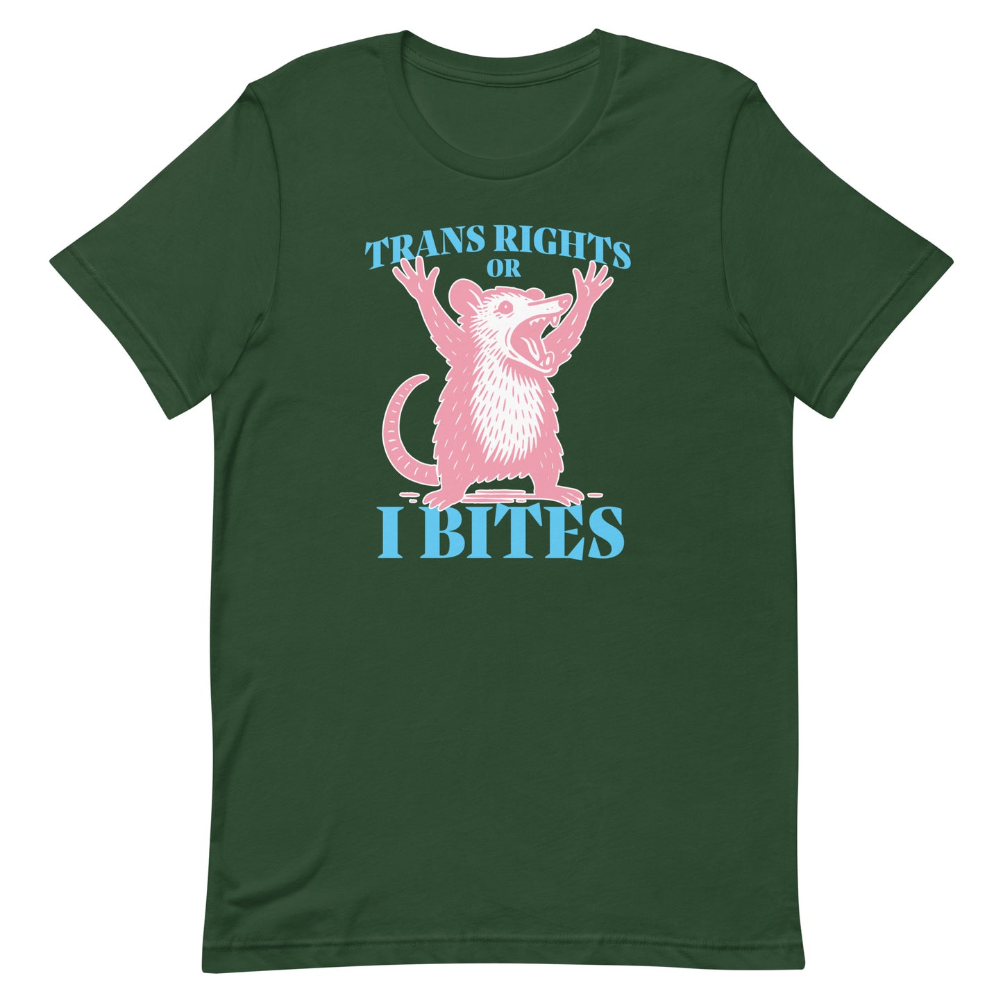 Front view of the "Trans Rights Or I Bites" Opossum Trans LGBTQ+ Protest Unisex T-Shirt
