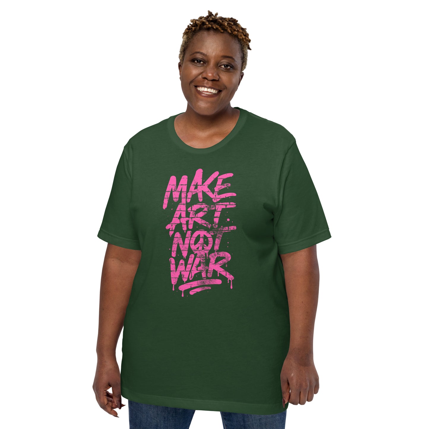 Black female protester wearing the Make Art Not War graffiti protest t-shirt with bold pink spray-paint lettering