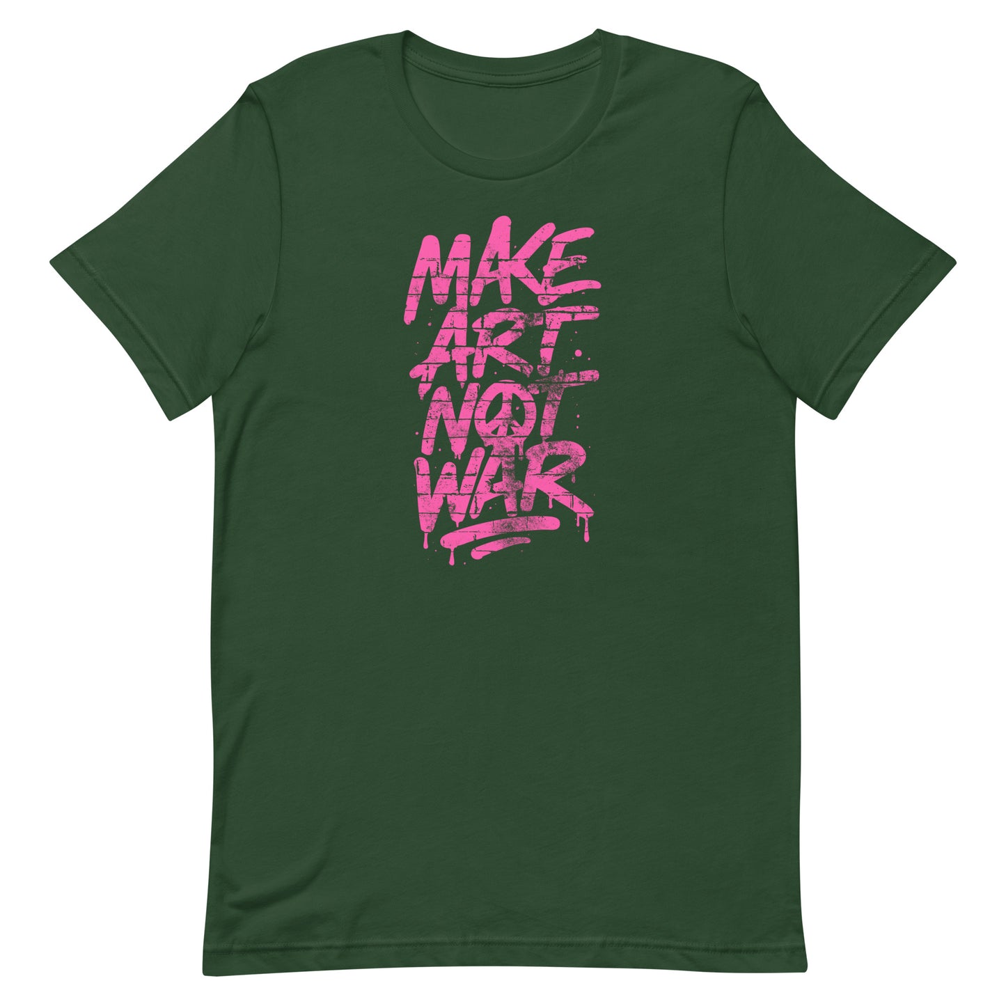 Front View Image: Front view of Make Art Not War graffiti protest t-shirt with bold pink spray-paint lettering