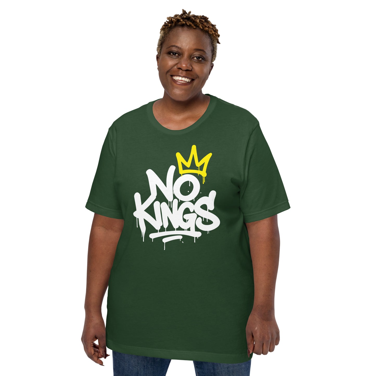 Lifestyle Image: Black woman protester l wearing graffiti-style No Kings in America unisex t-shirt with anti-authoritarian message