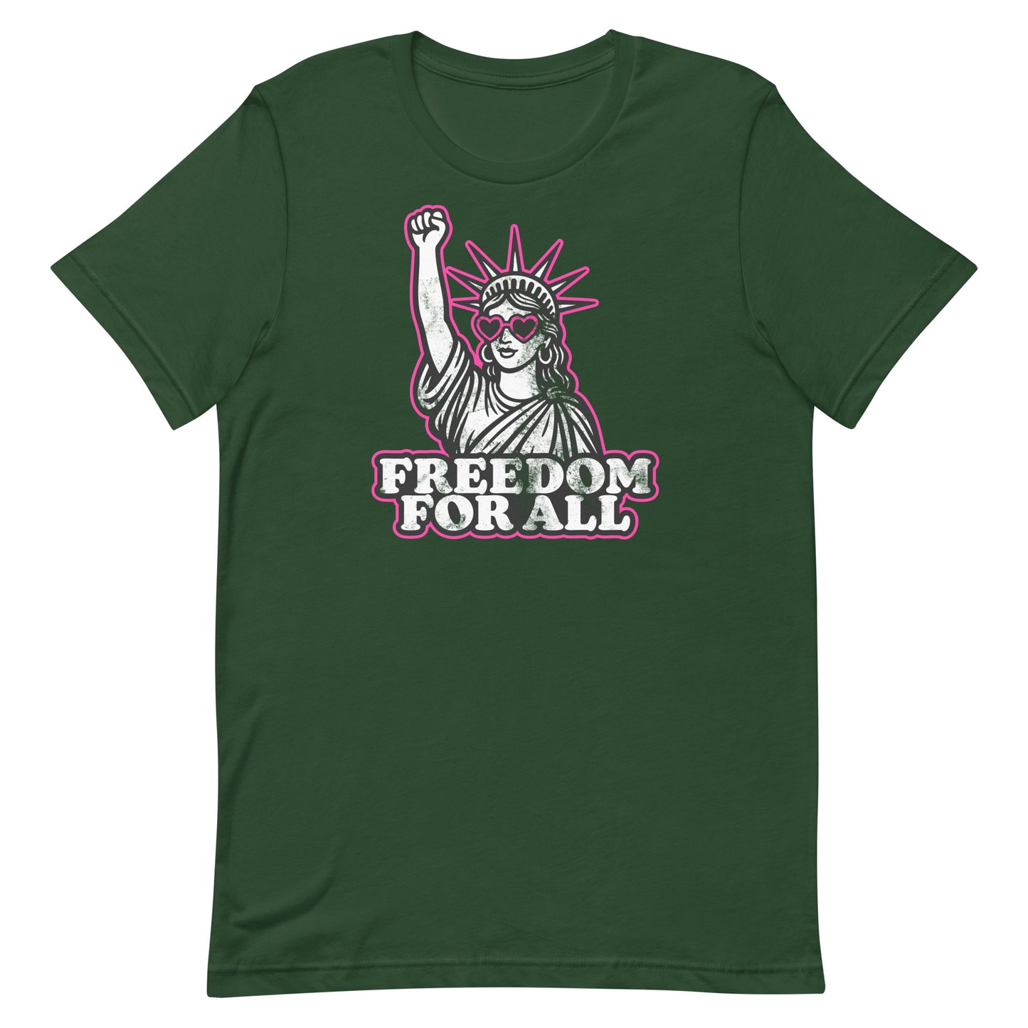 Front View Image: Front view of Freedom For All t-shirt with pink heart sunglasses and raised fist Statue of Liberty