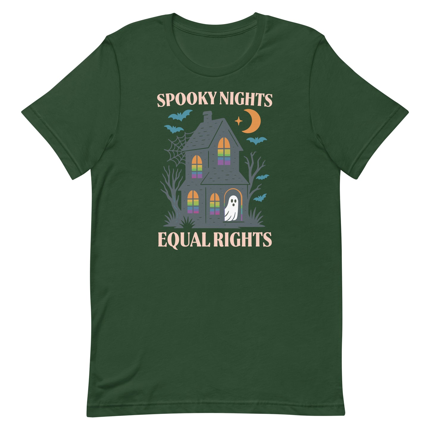 Forest green “Spooky Nights Equal Rights” eco activist Halloween t-shirt featuring haunted house and ghost.