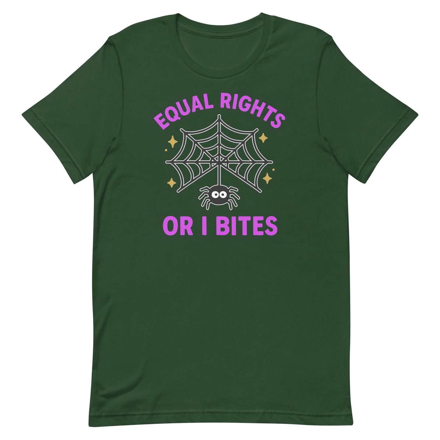 Forest green unisex “Equal Rights or I Bites” shirt featuring spider web and stars, political Halloween fashion for activists.