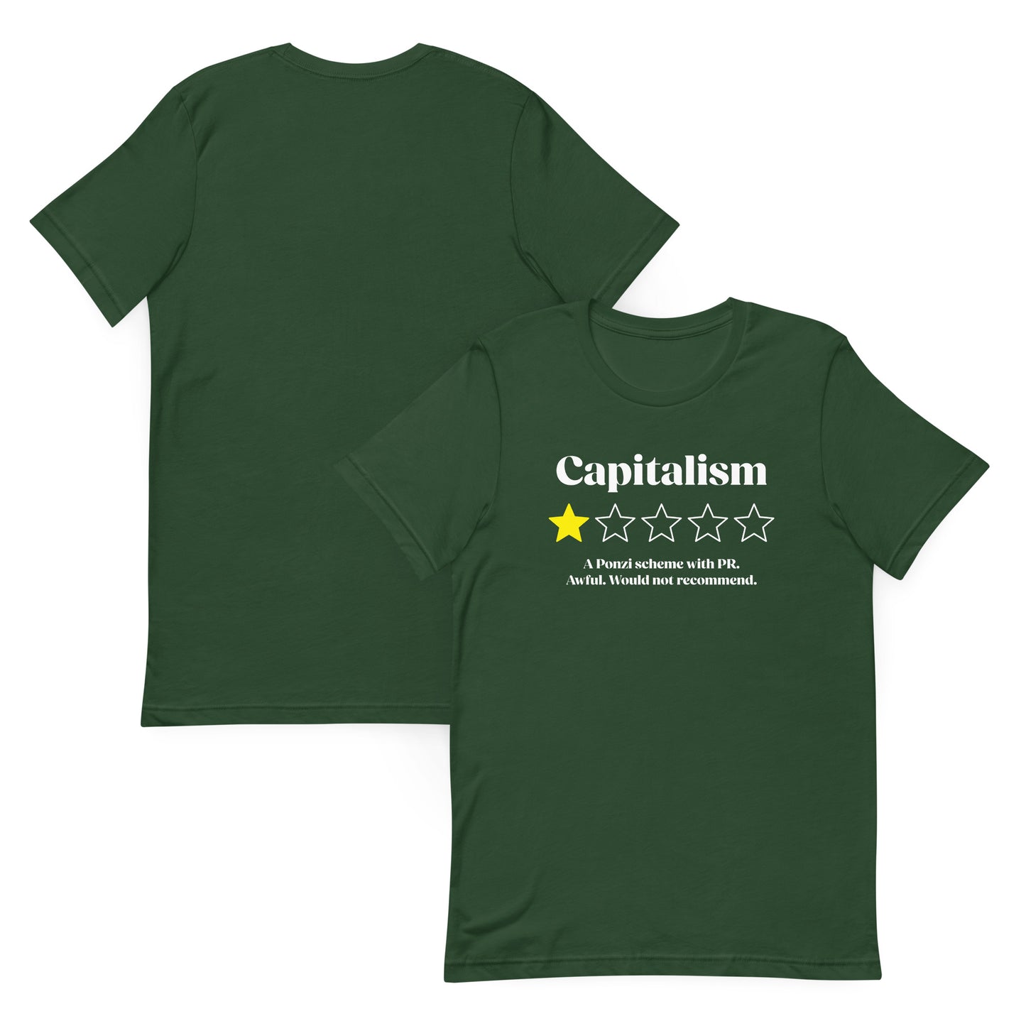 Front and back view: best anti-capitalism economic justice t-shirt