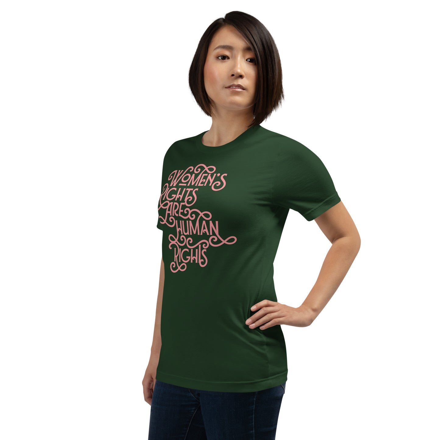 A woman confidently wearing the feminist activism T-shirt at a protest or in everyday life.