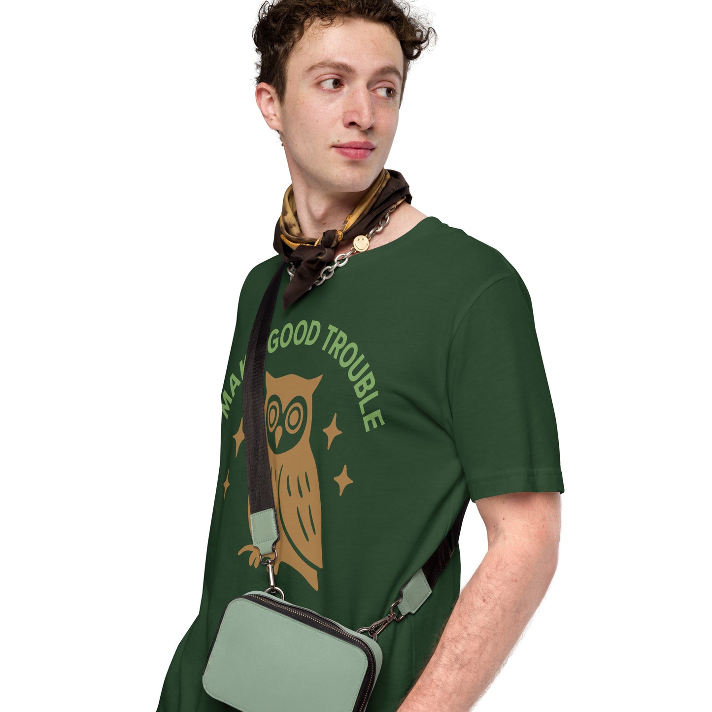 Lifestyle Image: Male activist wearing the Make Good Trouble owl protest shirt.