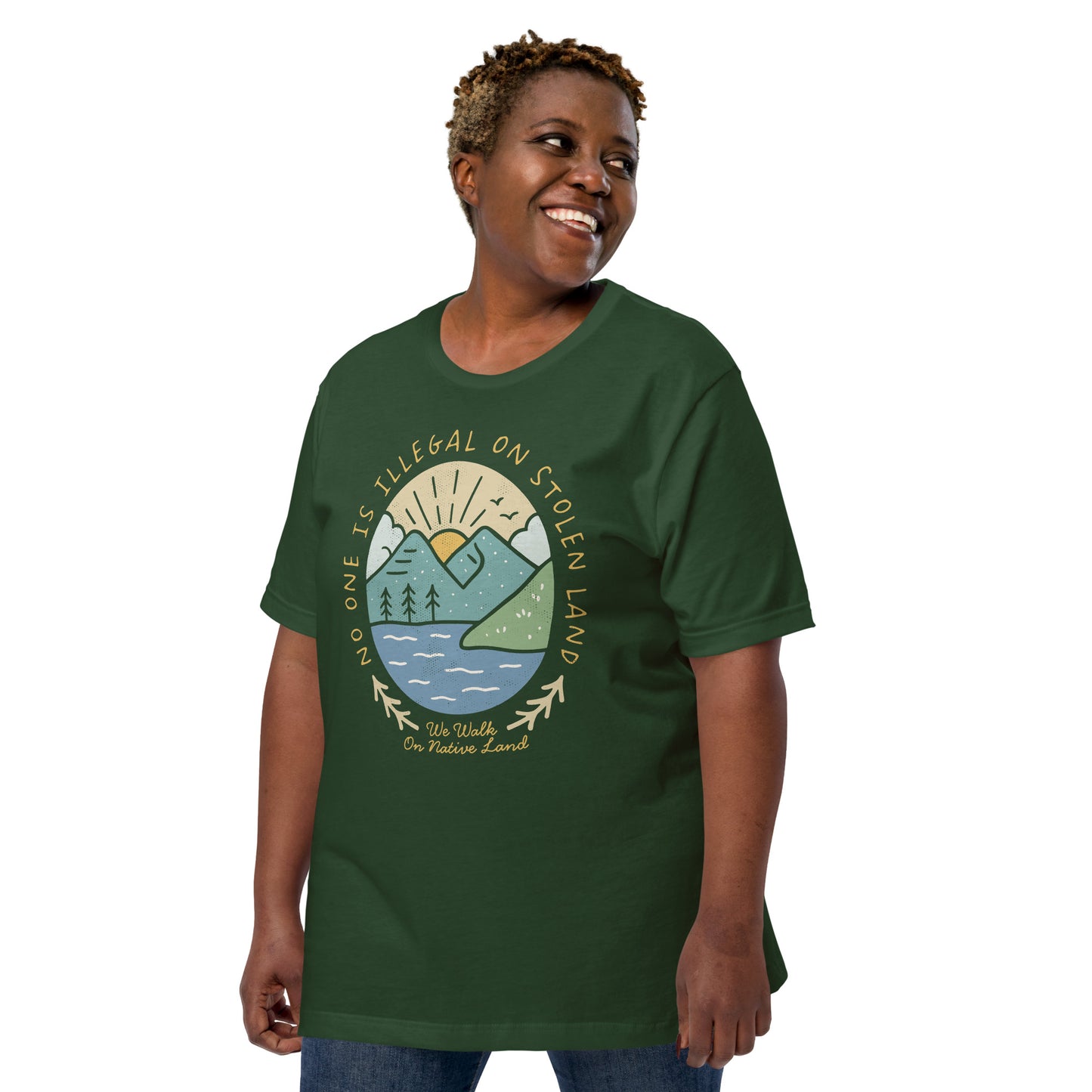 Lifestyle Image: Black woman activist wearing Indigenous rights protest forest green tee
