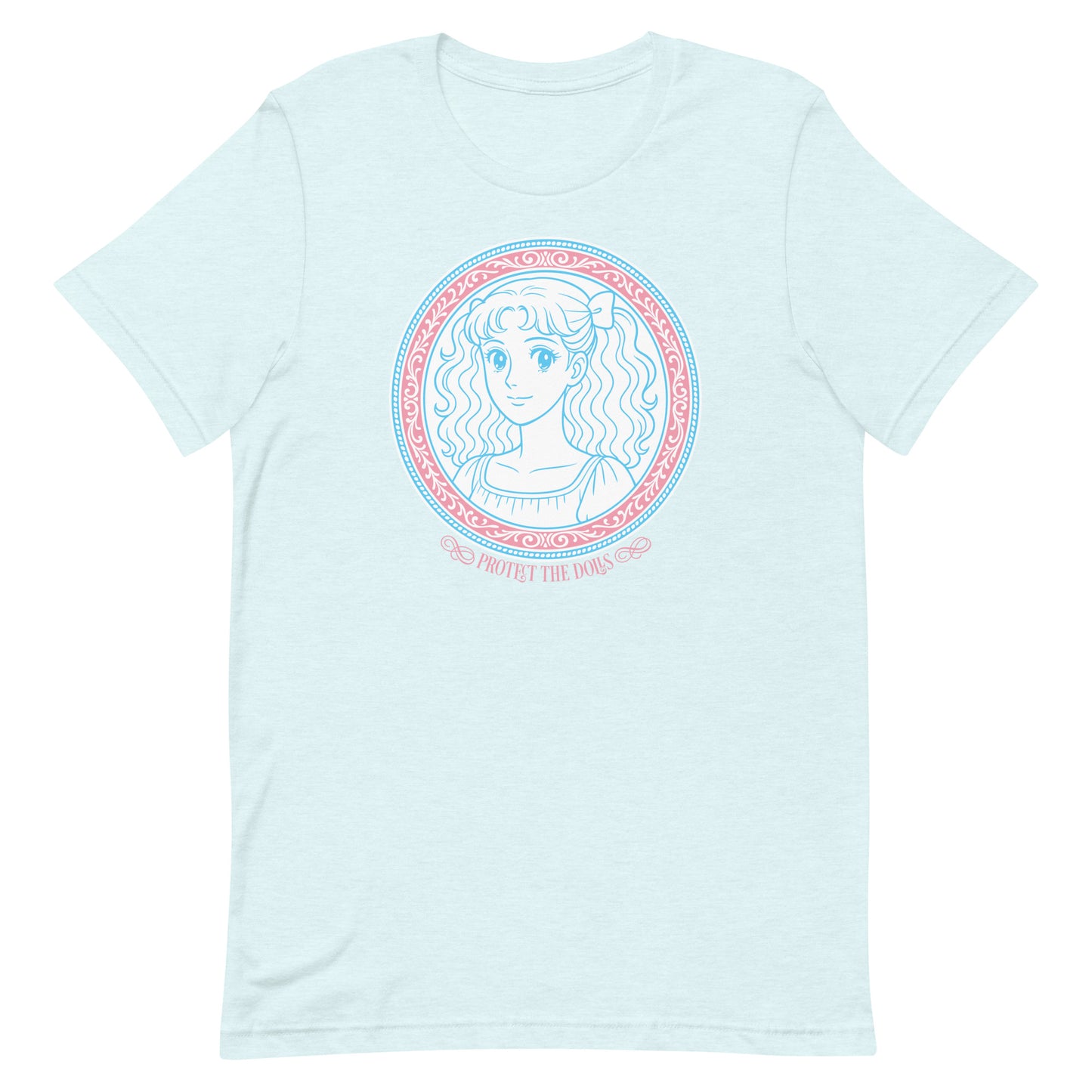 Front View Image: Protect The Dolls t-shirt with trans pride anime-style graphic