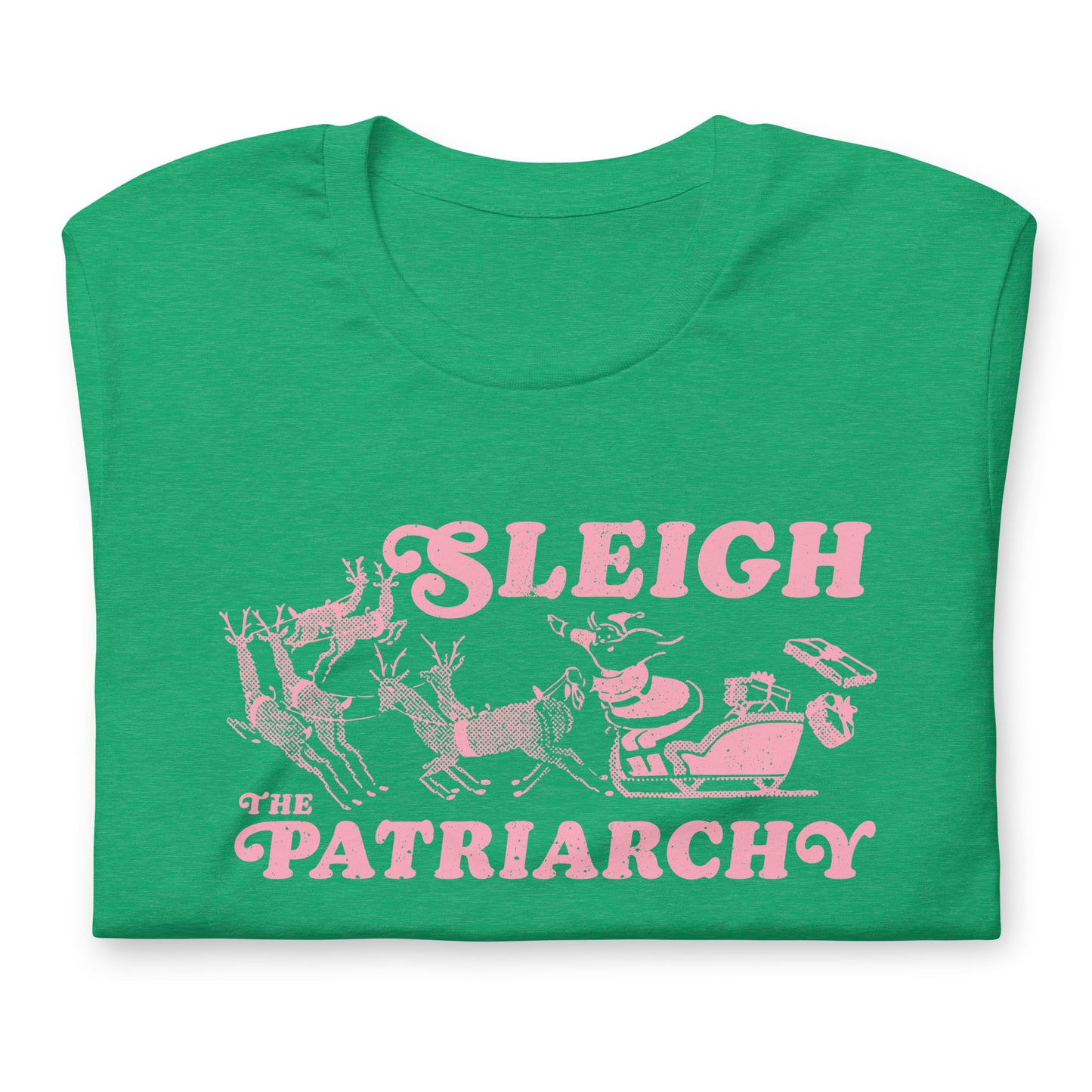 Close-Up of Design: Festive graphic of Santa in a sleigh with reindeer and a bold feminist slogan.