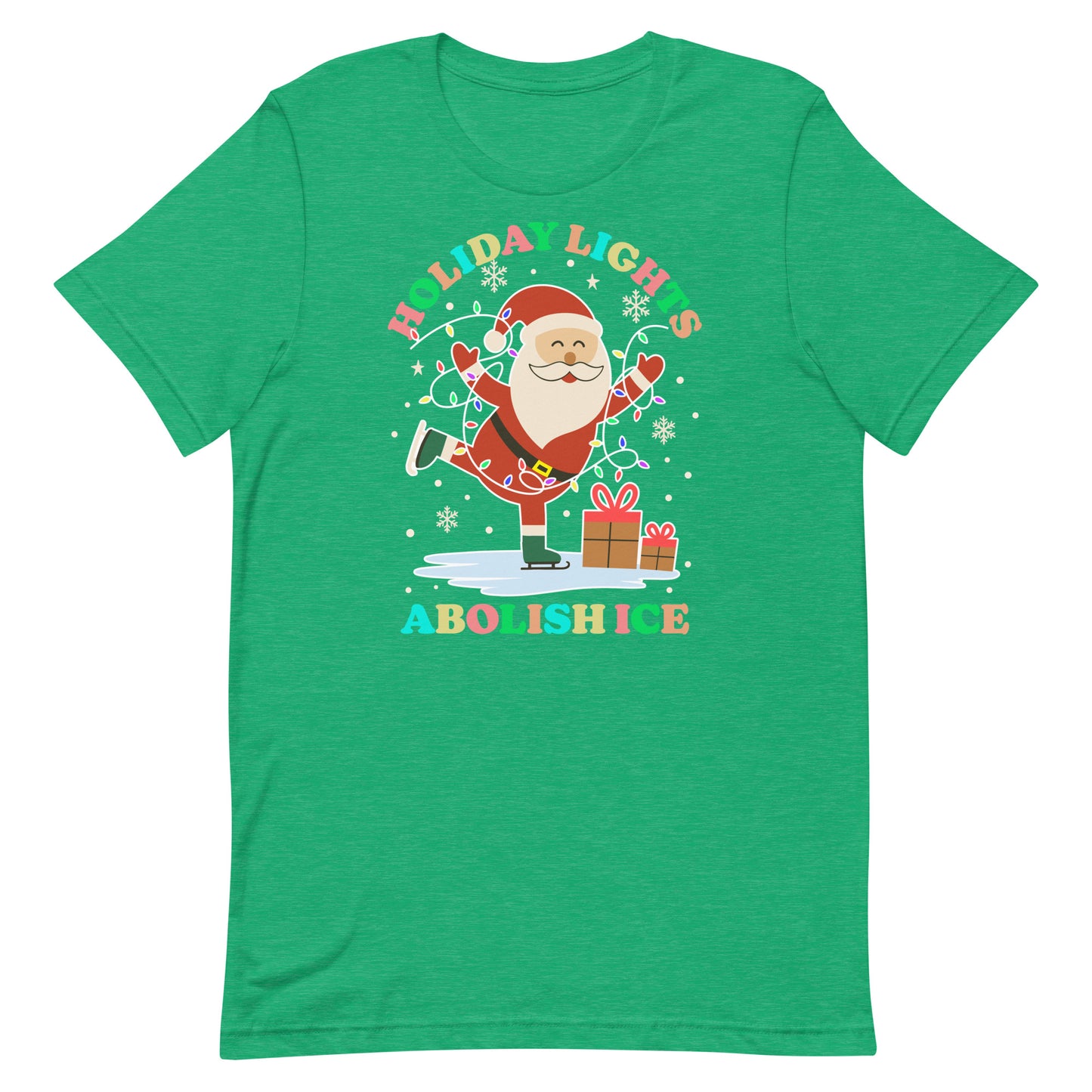 A heather-green tee displaying Santa, decorative lights, stars, and gifts surrounding the message “HOLIDAY LIGHTS ABOLISH ICE,” offering a playful progressive holiday style.