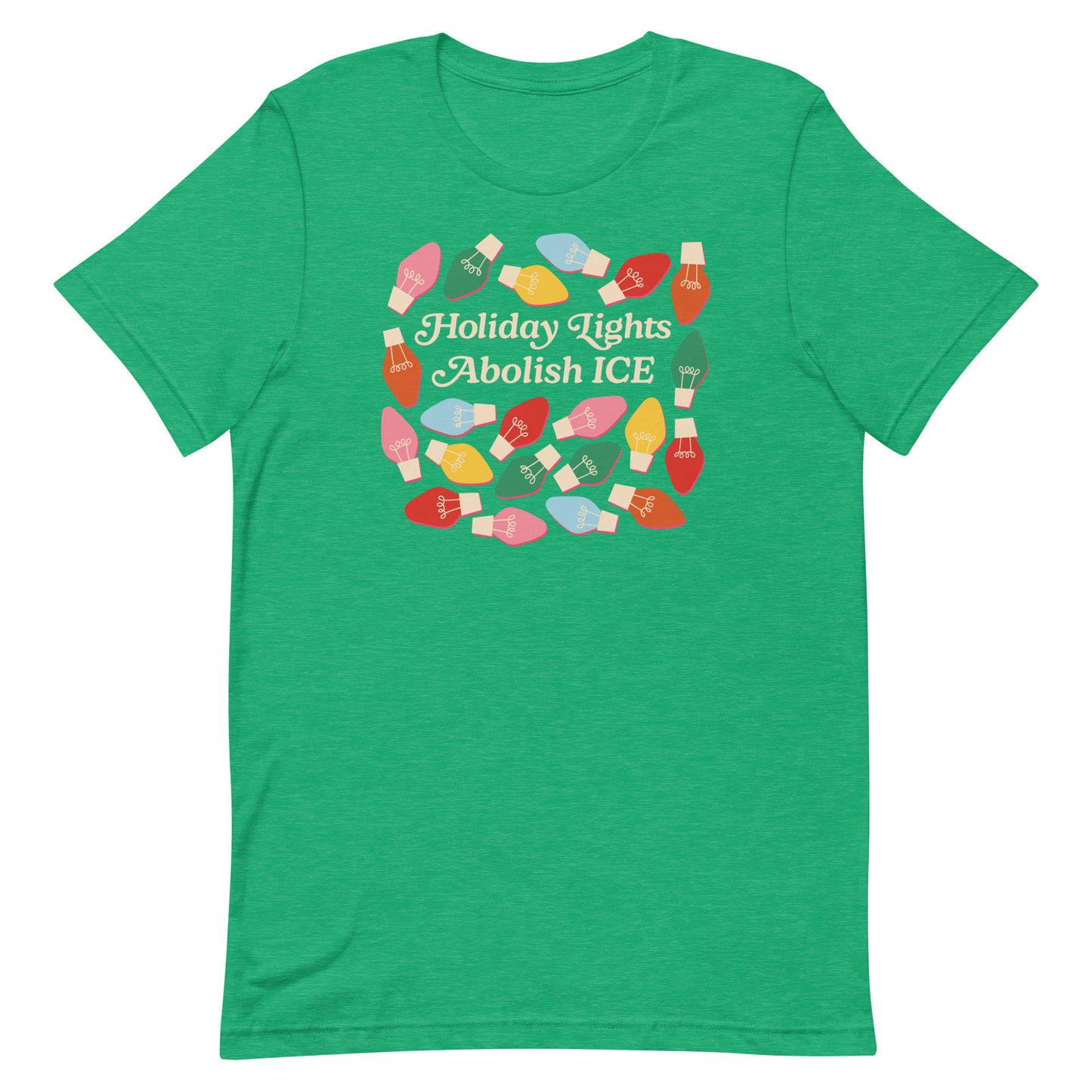 A heather kelly green unisex t-shirt printed with multicolored holiday bulbs around the message “Holiday Lights Abolish ICE,” offering a fresh, bright seasonal activist style from Blue Wave USA.