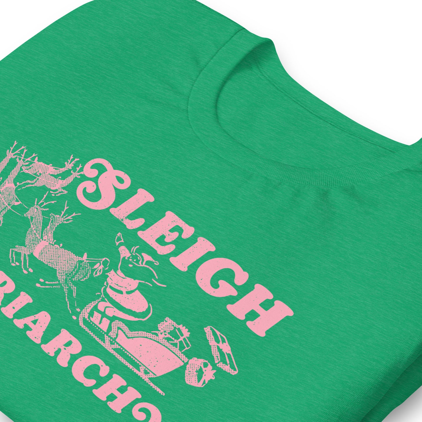 Close-Up of Design: Festive graphic of Santa in a sleigh with reindeer and a bold feminist slogan.