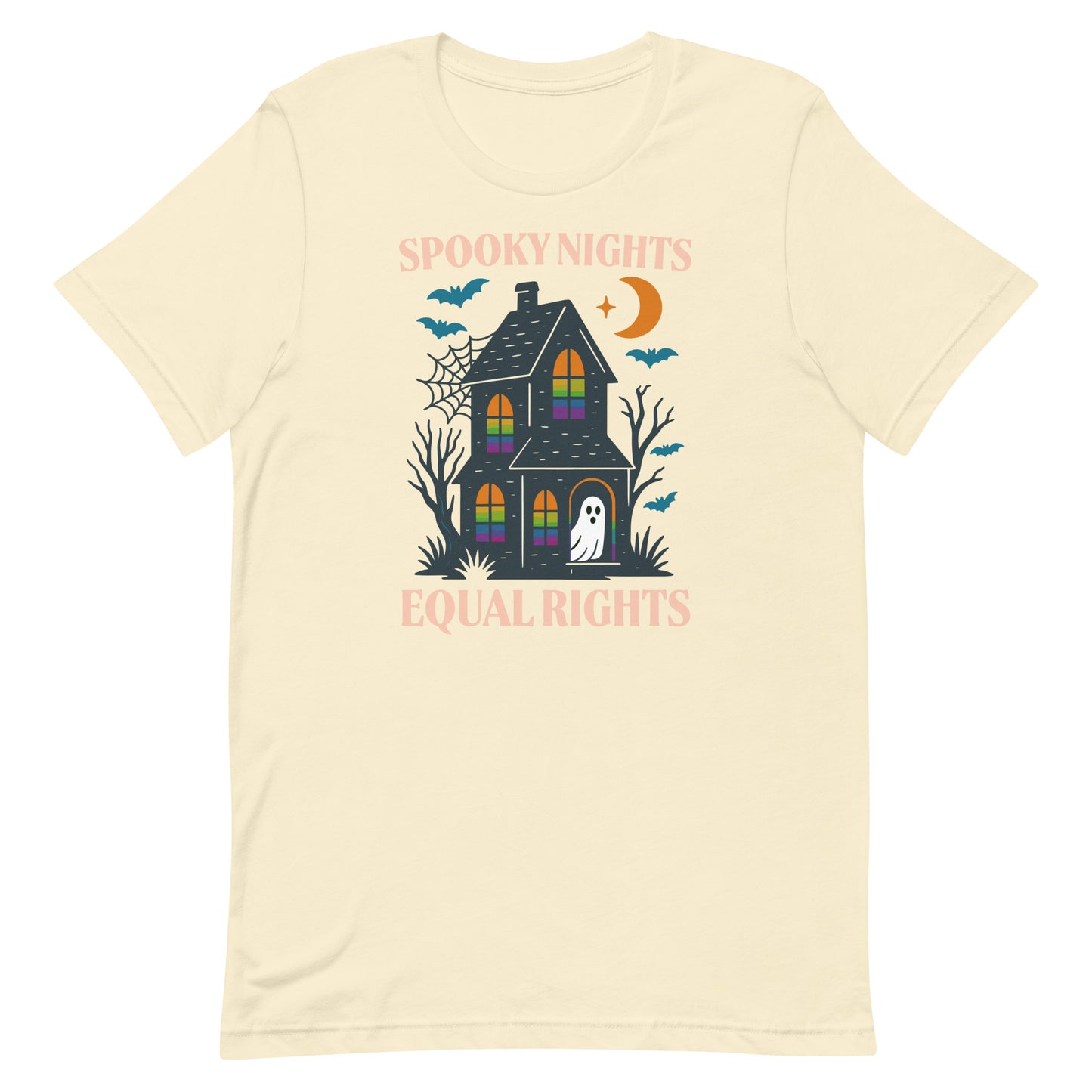 Cream “Spooky Nights Equal Rights” unisex activist t-shirt with spooky haunted house artwork, sold by Blue Wave USA progressive products.