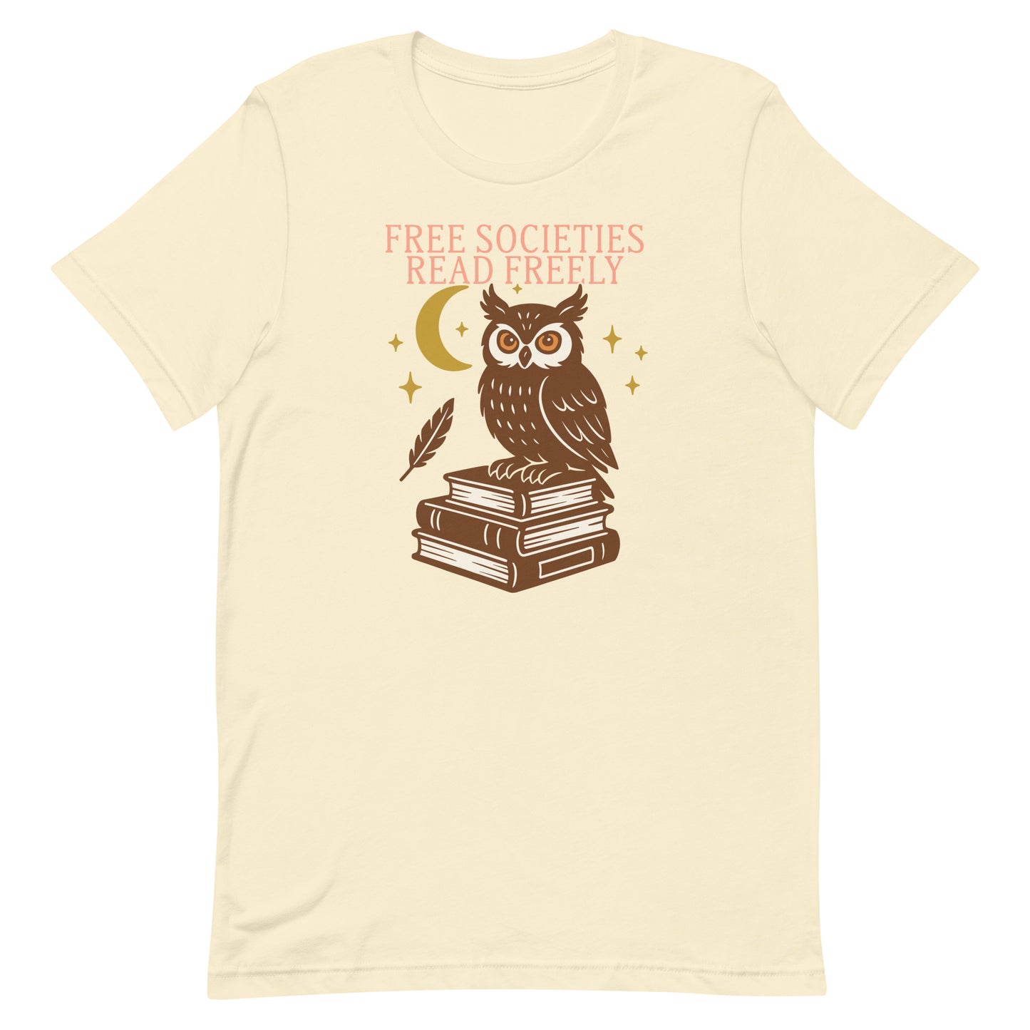 Natural cream “Free Societies Read Freely” owl on books graphic t-shirt, Blue Wave USA clothing for readers and activists.