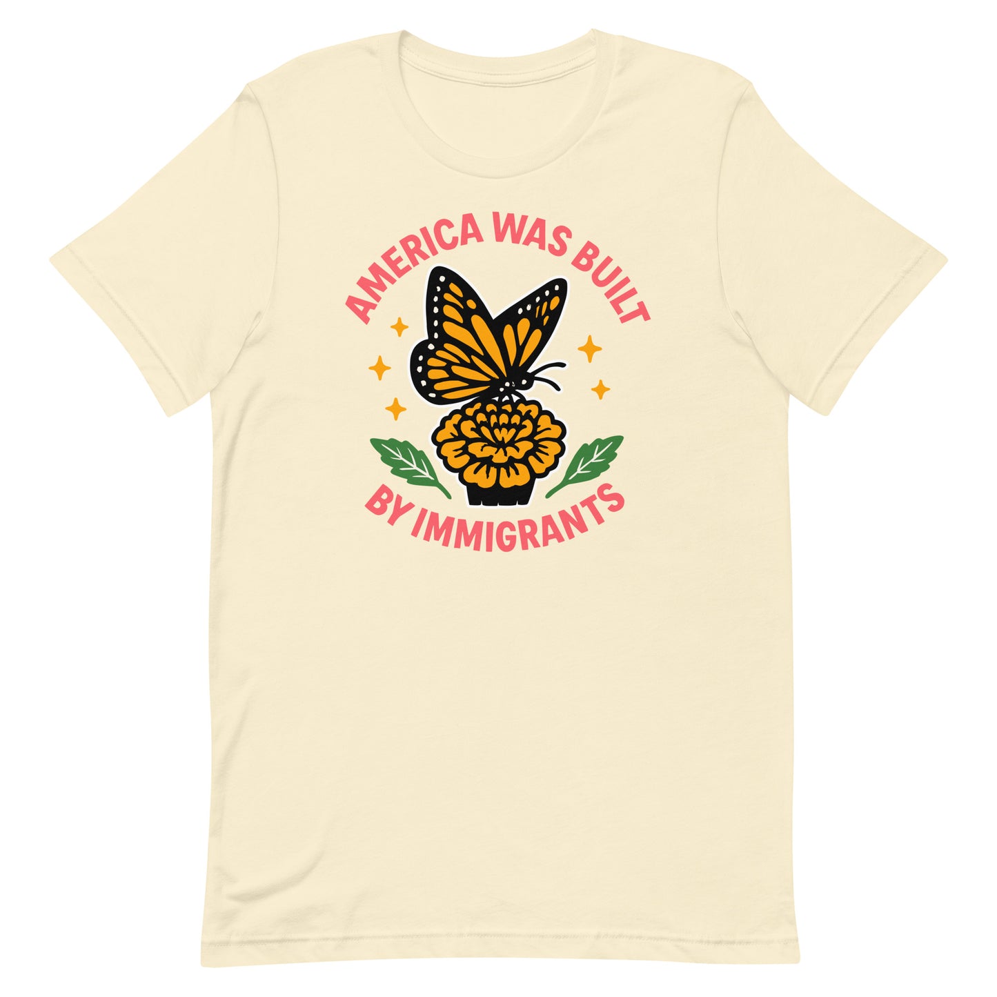 Cream “America Was Built by Immigrants” butterfly shirt, vintage-style progressive T-shirt for social justice supporters.