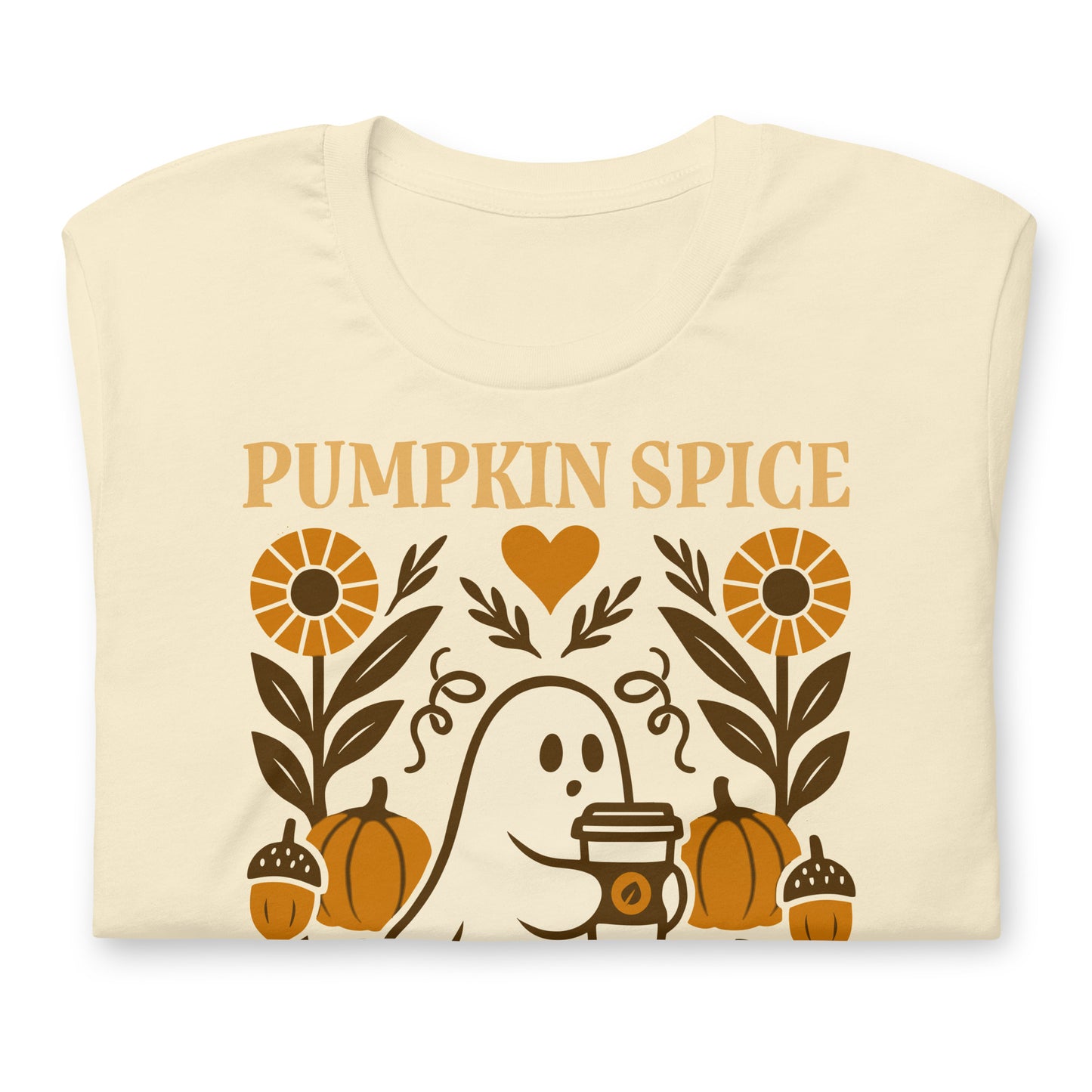 Cream t-shirt with “Pumpkin Spice & Human Rights” cozy pumpkin ghost artwork, inclusive autumn equality apparel.