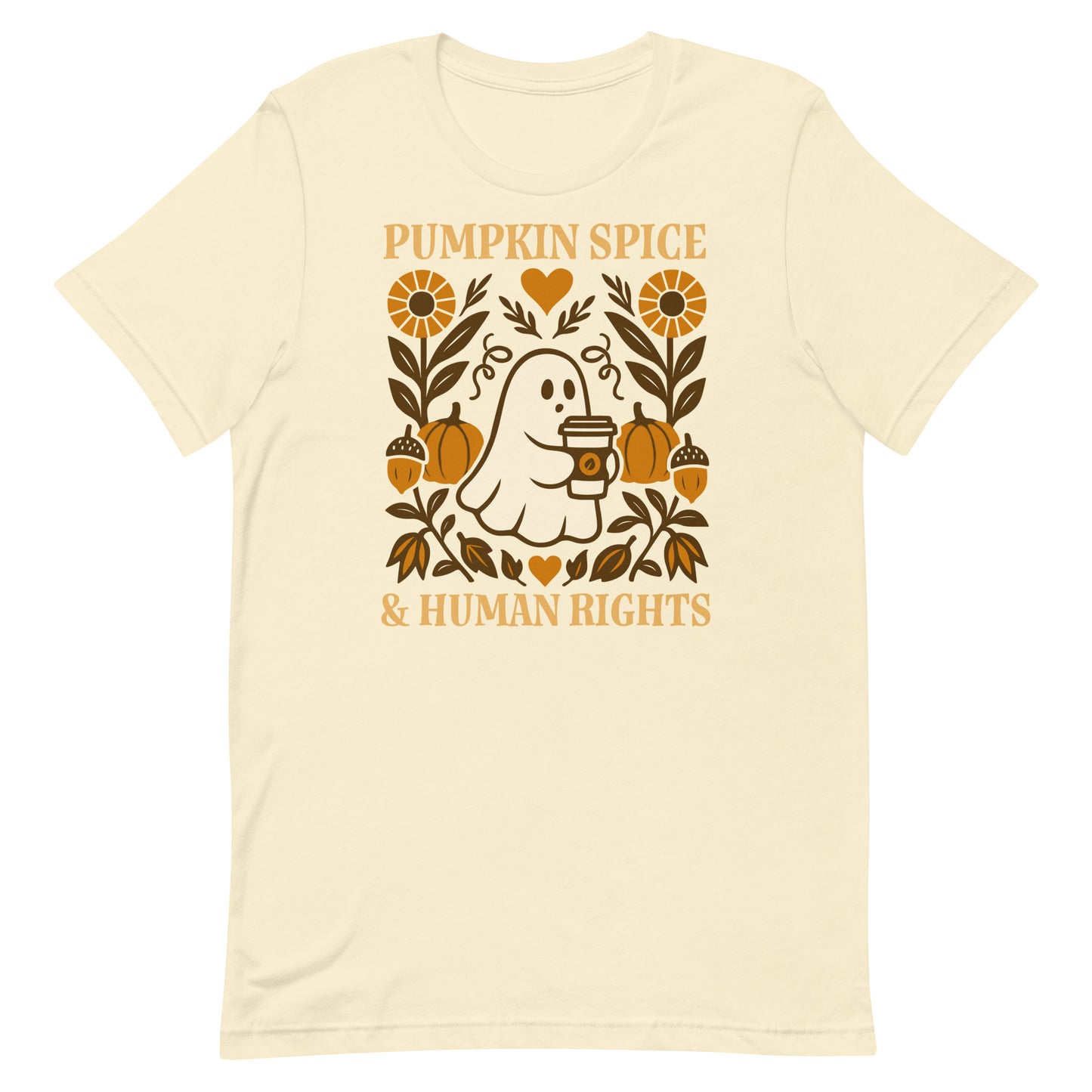 Natural cream “Pumpkin Spice & Human Rights” equality shirt, Blue Wave USA fall activist apparel.