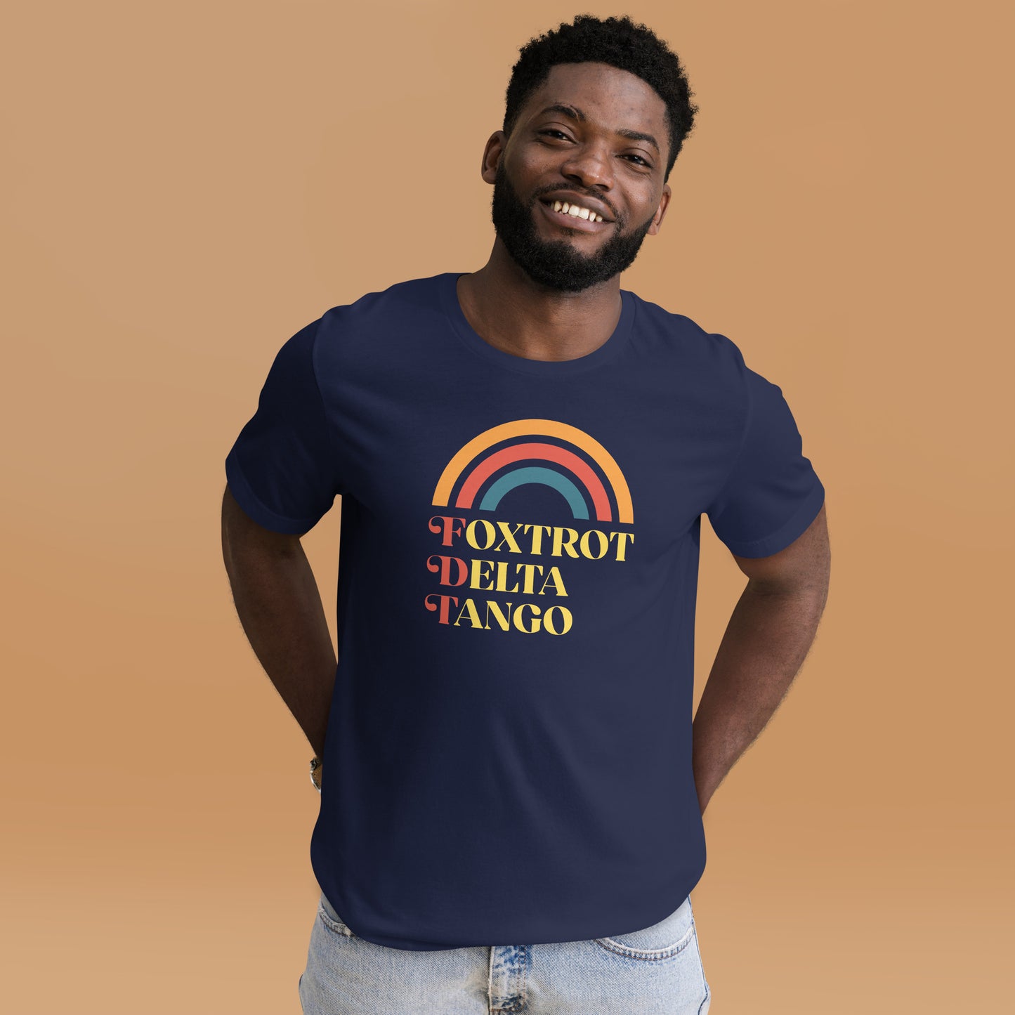 Model wearing the Foxtrot Delta Tango T-Shirt in a casual setting, showcasing the bold design.