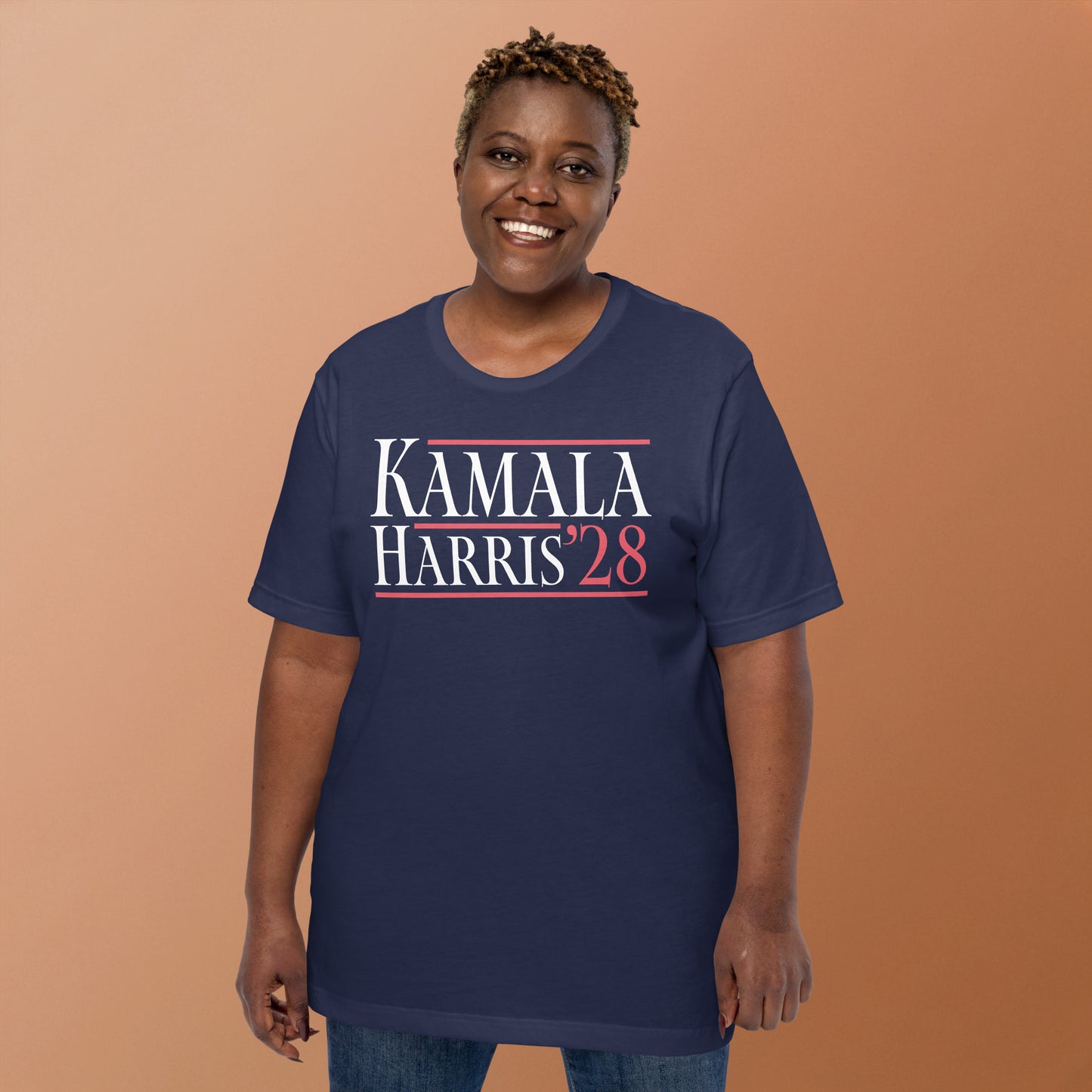 Lifestyle Image: Black female Harris supporter wearing the Kamala Harris 2028 t‑shirt
