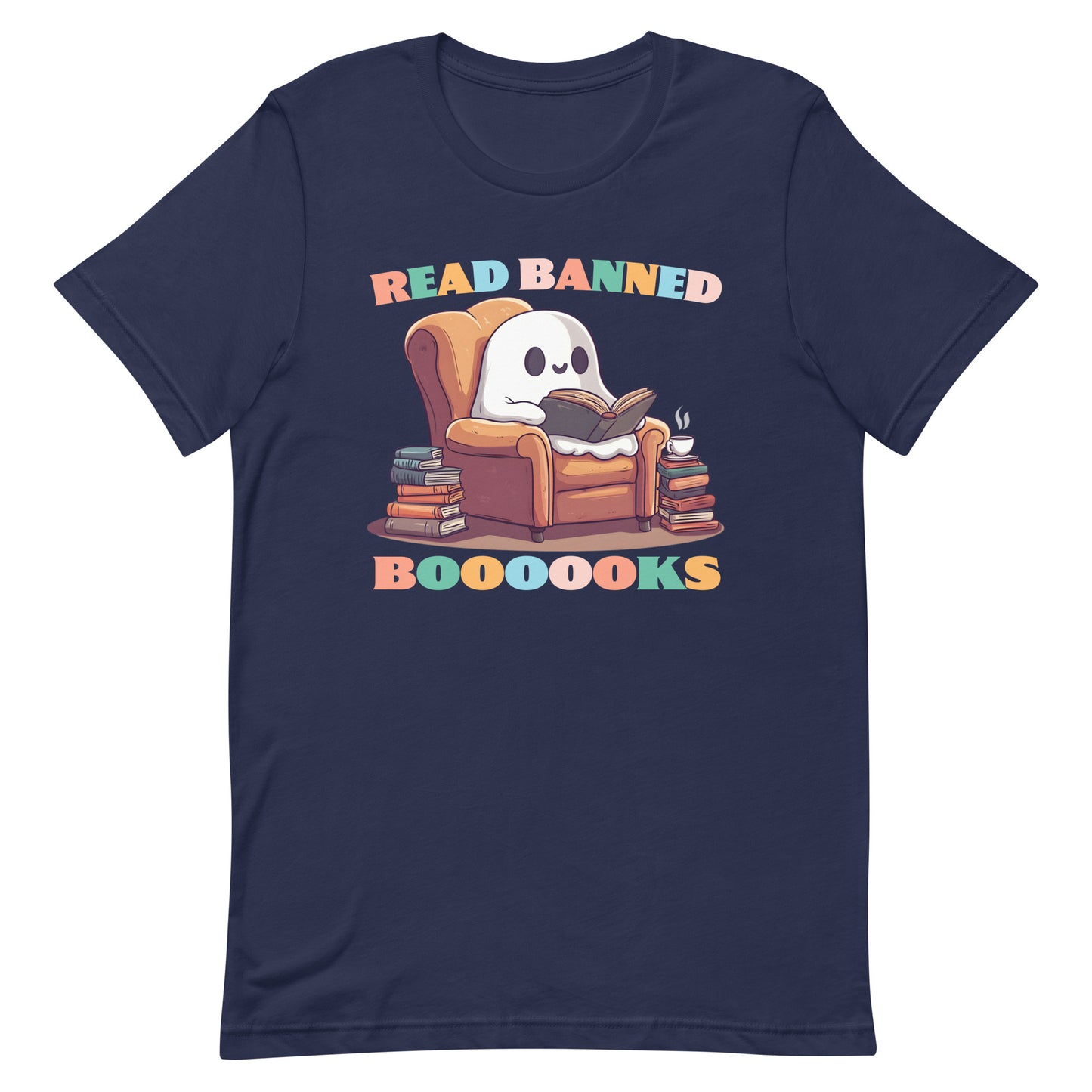 Front view of the "Read Banned Boooooks" Ghost T-Shirt featuring a cute ghost with books.
