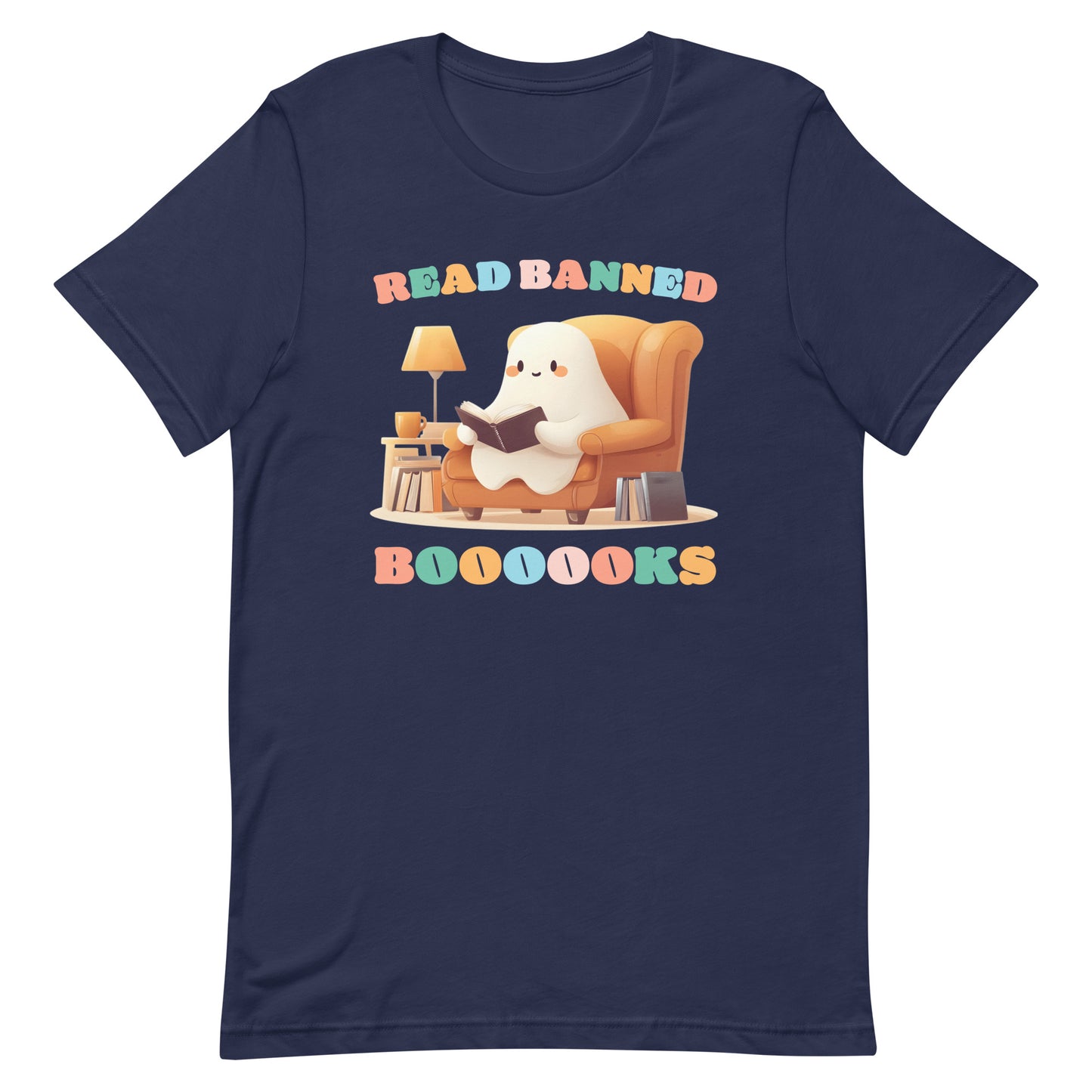 Front view of the "Read Banned Boooooks" T-Shirt featuring a cute ghost reading books.