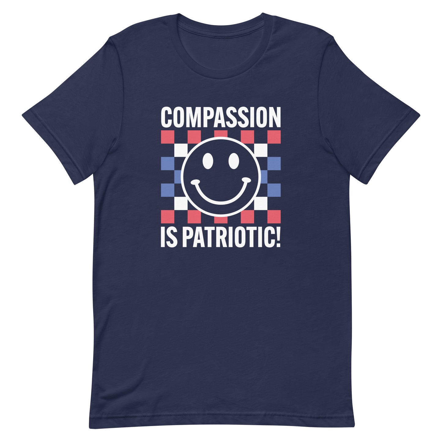Front view of the Compassion Is Patriotic Smiley Face Unisex T-Shirt in red, white, and blue with a smiley face design.