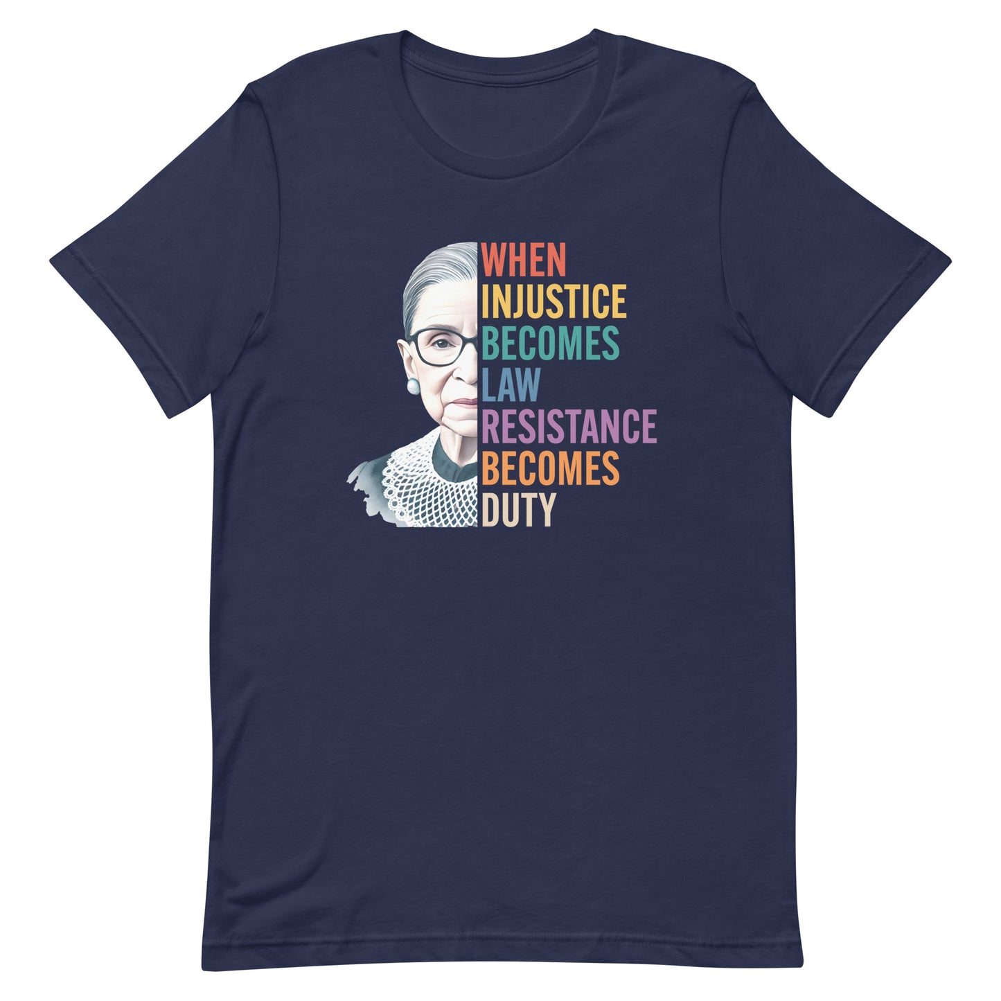 Front View Image: T-shirt with Ruth Bader Ginsburg’s portrait and the phrase “Resistance Becomes Duty.”