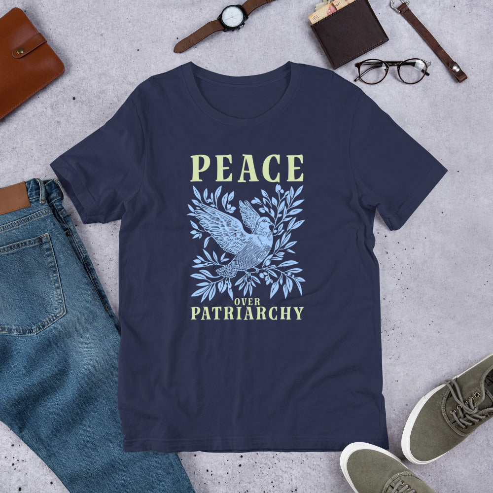 Flat Lay Image: Peace Over Patriarchy T-Shirt spread flat to highlight its empowering message.