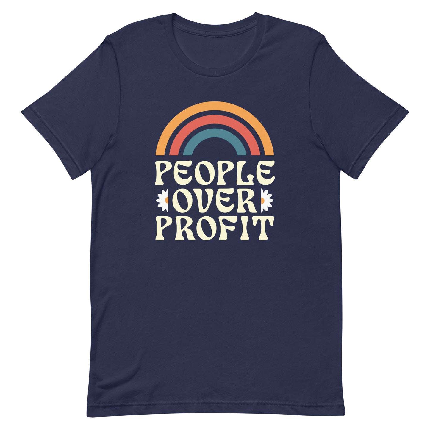 Front view of People Over Profit Economic justice Anti-Capitalism T-shirt with retro rainbow design and anti-capitalism message.