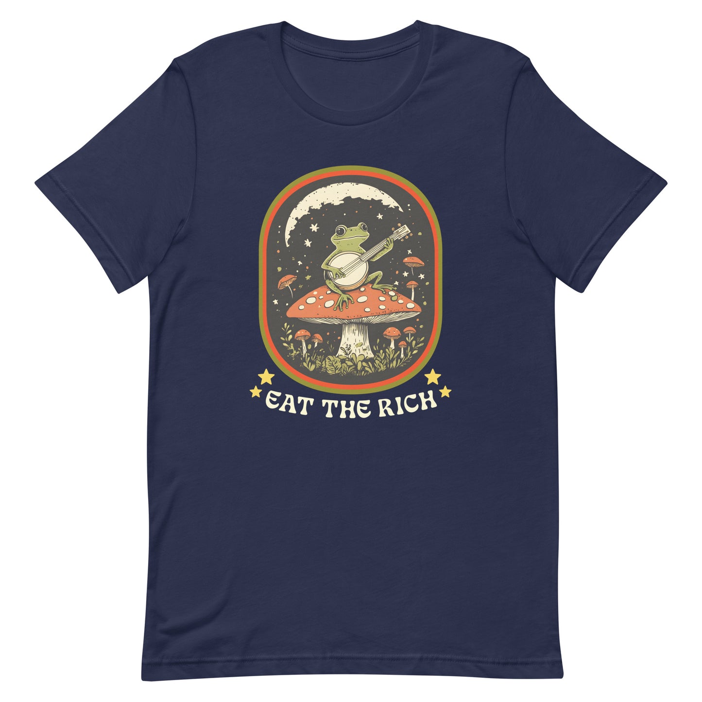 Front view of Eat The Rich Anti-Capitalism Unisex T-Shirt with retro frog design.