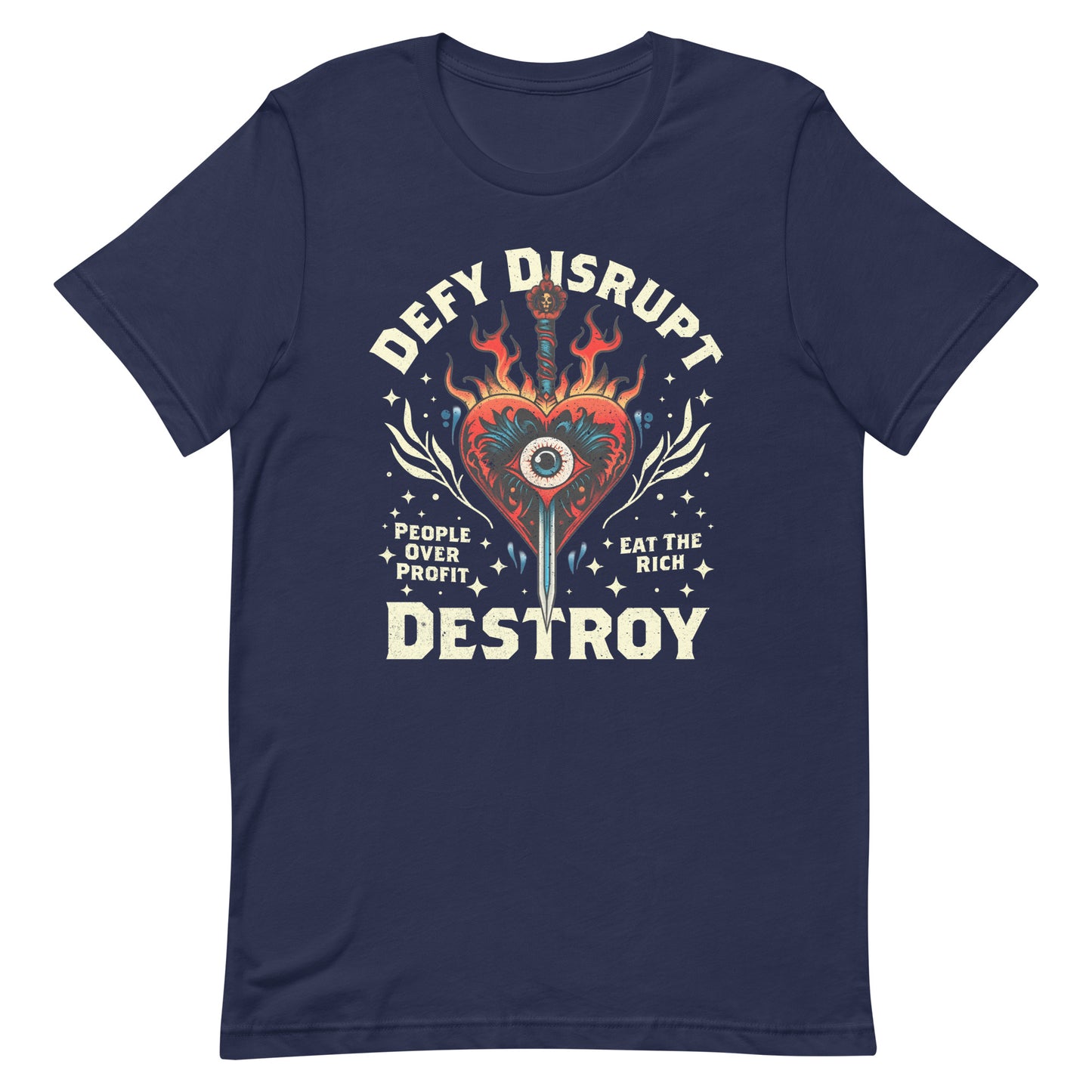 Front View Image: Eat The Rich Anti-Capitalism T-shirt with tattoo-inspired evil heart design, fire, and dagger on a plain background