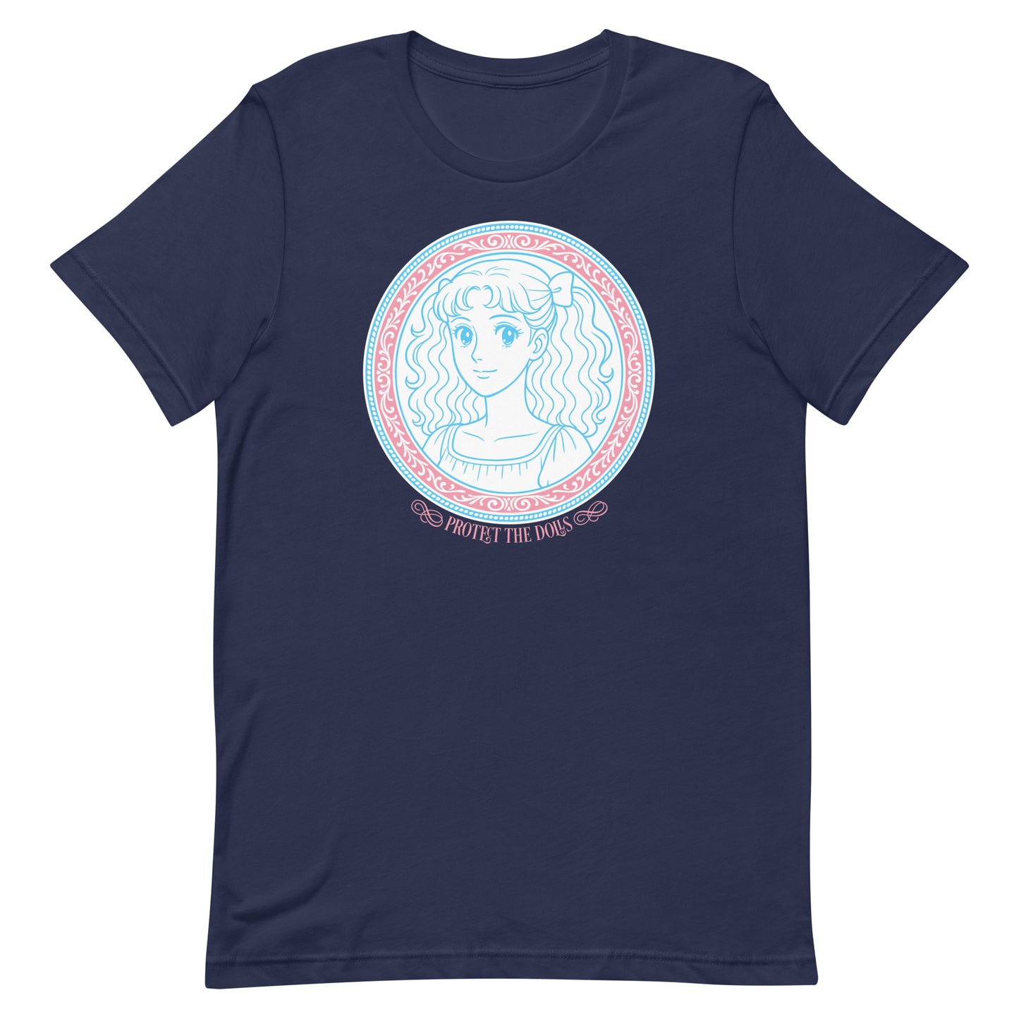 Front View Image: Protect The Dolls t-shirt with trans pride anime-style graphic