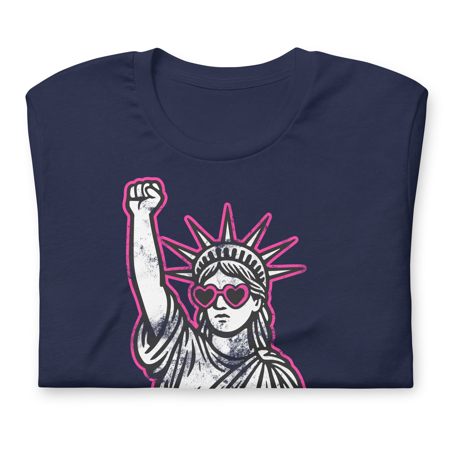 Close-Up of Design: Close-up of distressed Lady Liberty graphic with bold RESIST text and protest sunglasses - navy blue