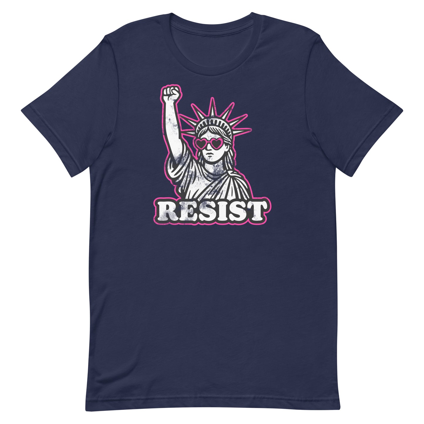 Front View Image: Front view of RESIST feminist t-shirt with raised fist Statue of Liberty and pink heart sunglasses