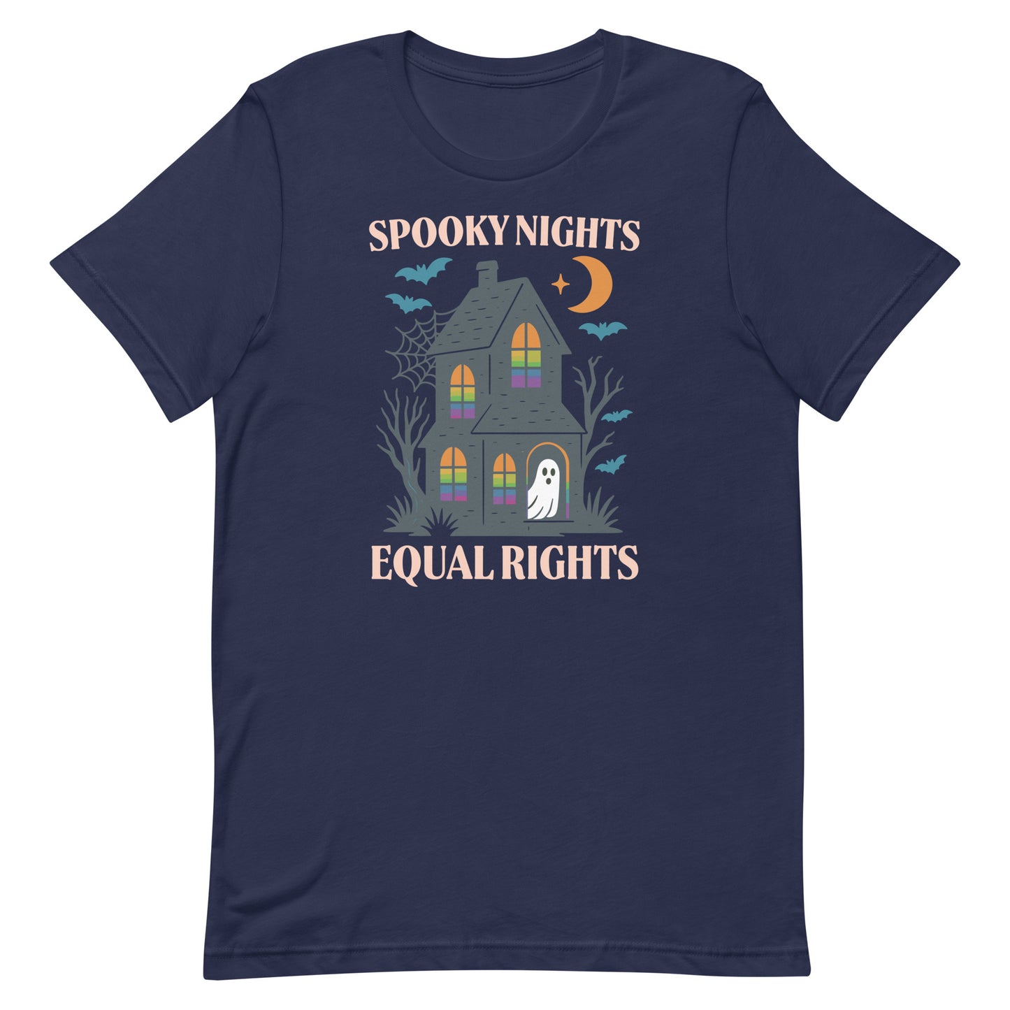 Navy “Spooky Nights Equal Rights” progressive Halloween unisex t-shirt with moon and bats graphic.