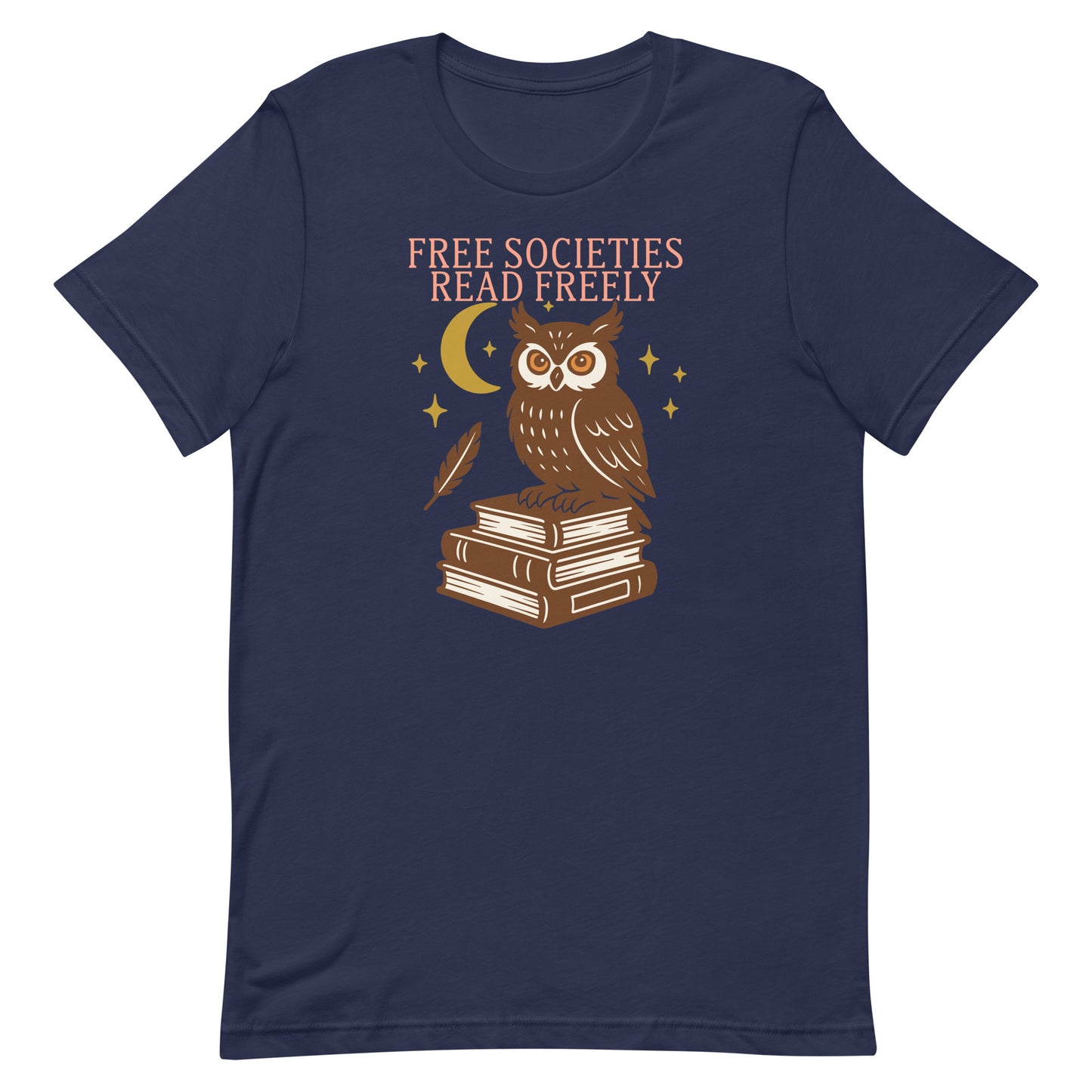 “Free Societies Read Freely” owl illustration on navy blue t-shirt, literary activism design.