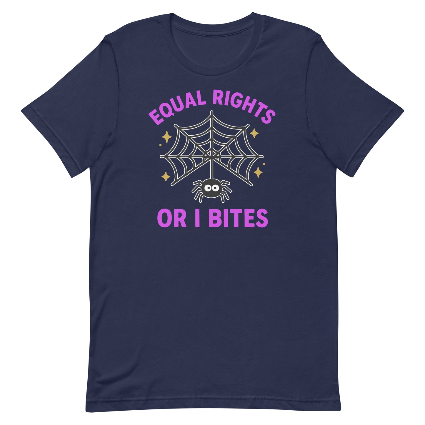 Navy “Equal Rights or I Bites” spider web graphic shirt, pro-equality Halloween design.