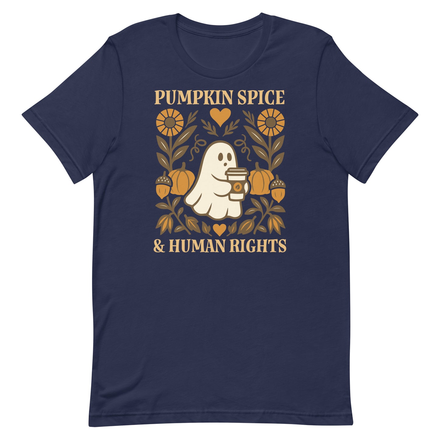 Navy “Pumpkin Spice & Human Rights” tee featuring whimsical ghost, pumpkins, and flowers in warm brown tones.
