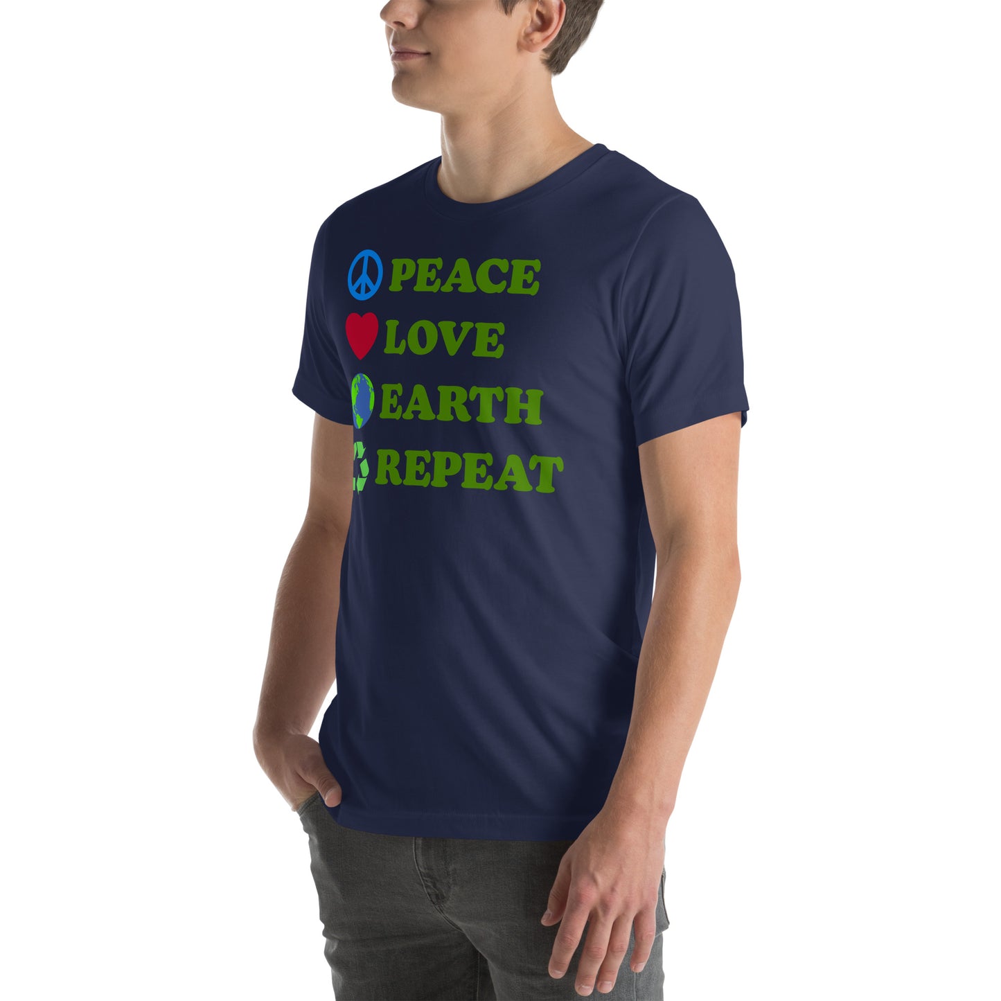 Lifestyle Image: Model wearing the Peace Love Earth Repeat t-shirt