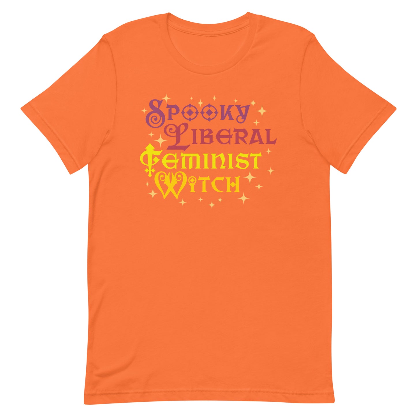 Orange “Spooky Liberal Feminist Witch” shirt with vintage spell-style text, fun progressive Halloween design.
