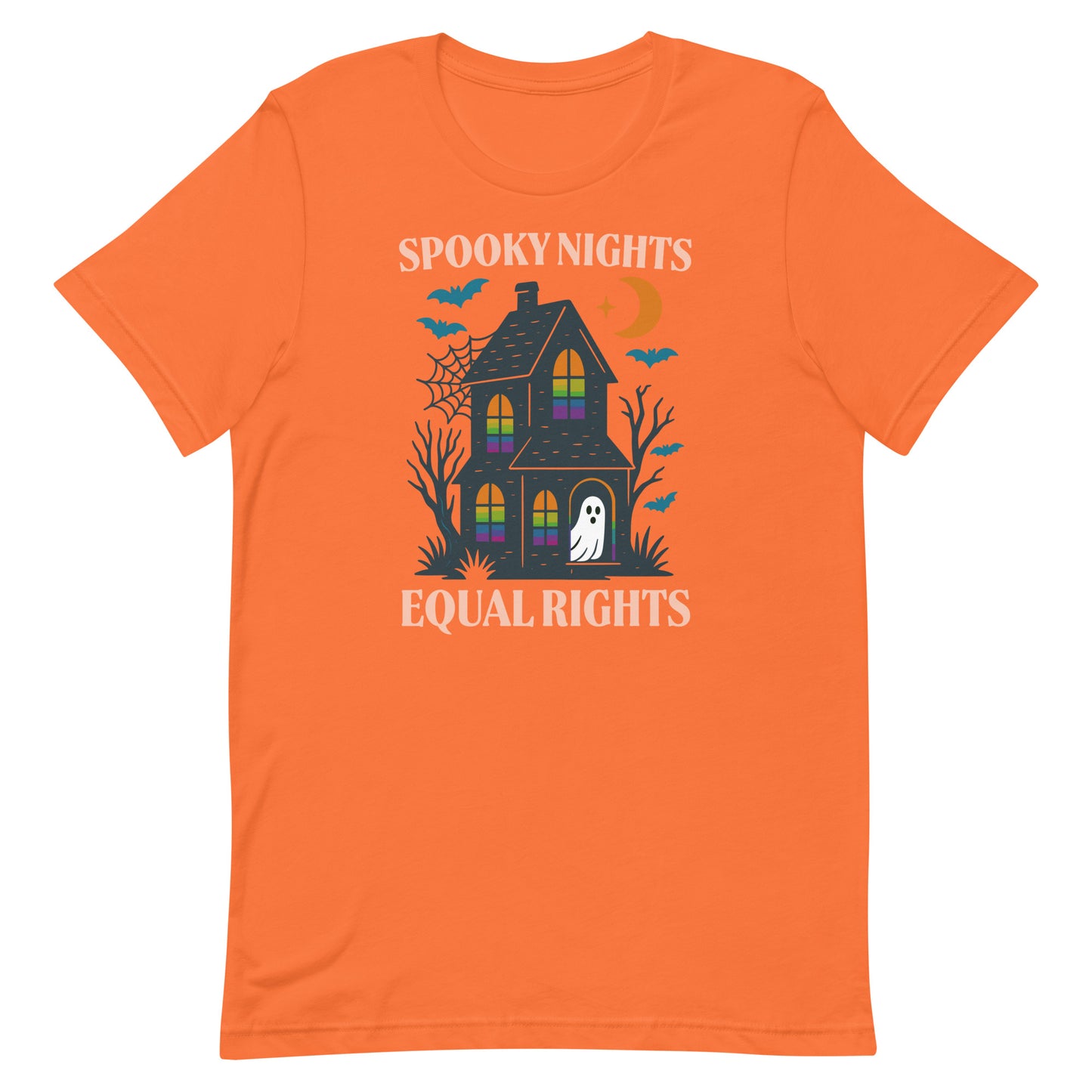 Orange “Spooky Nights Equal Rights” progressive Halloween activist t-shirt with bats and haunted house design.